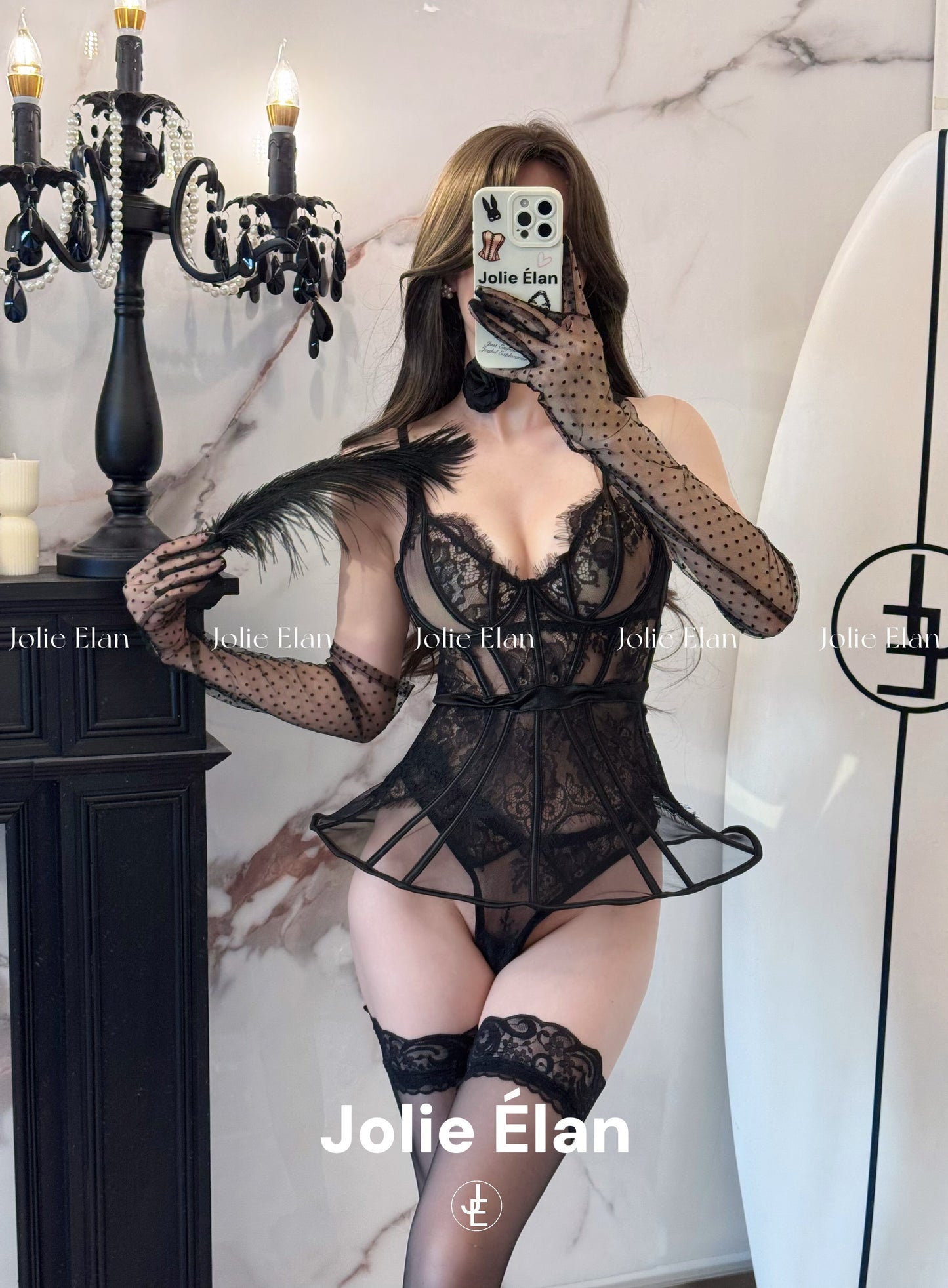 JolieElan · Black Swan · French Lace Mesh Perspective Ballet Girdle Fishbone Sexy Underwear Set