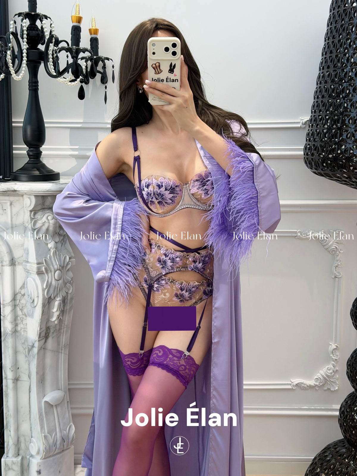 JolieElan Provence French Sexy Purple Lace Embroidered Strap Premium Lingerie Set