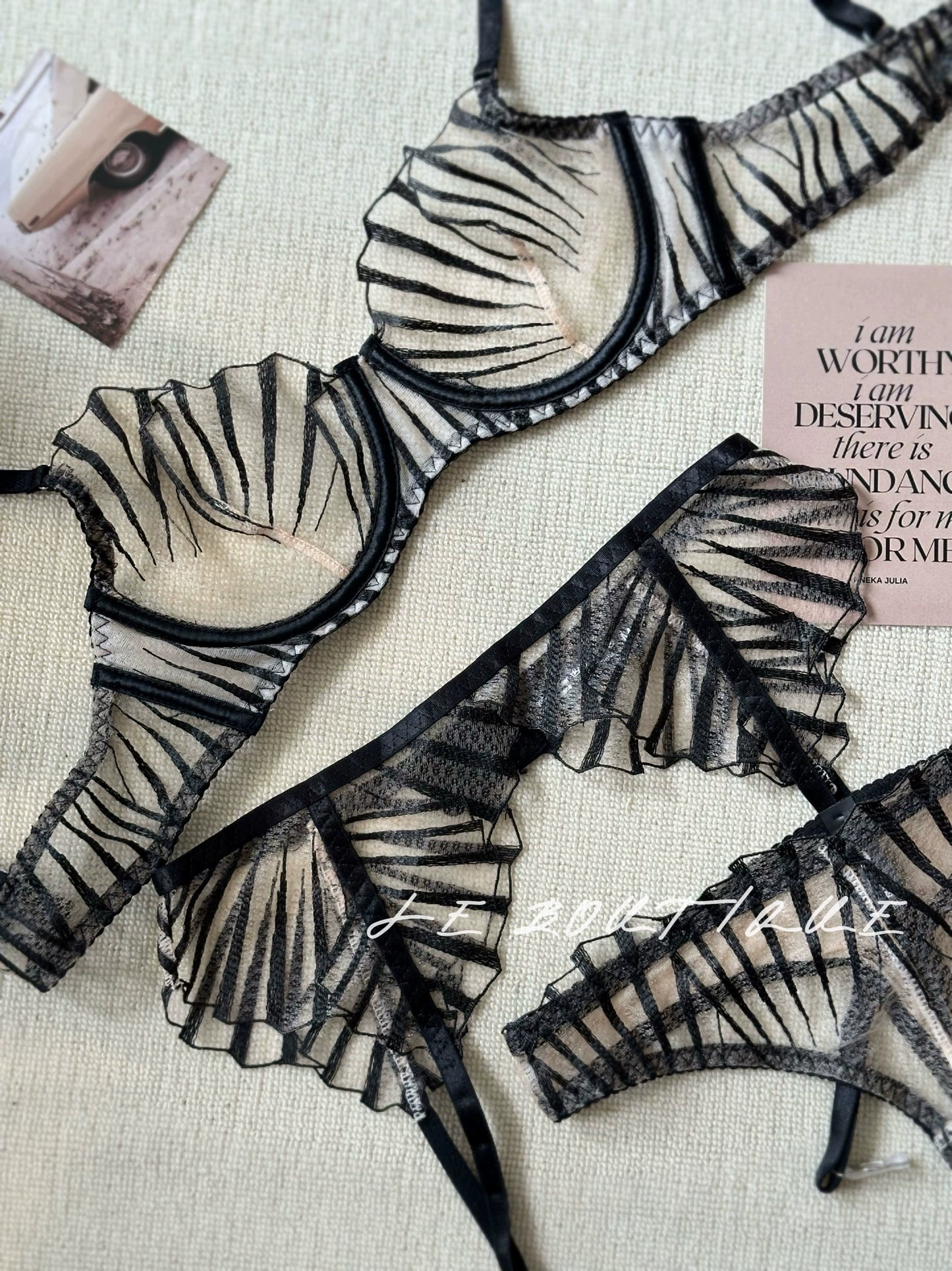 JolieElan · Dark Night Love · Premium French Embroidered Lace Mesh Sexy Underwear Set