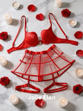 JolieElan · Red Flame Ballet · French Sexy Red Mesh Perspective Fishbone Premium Underwear Set