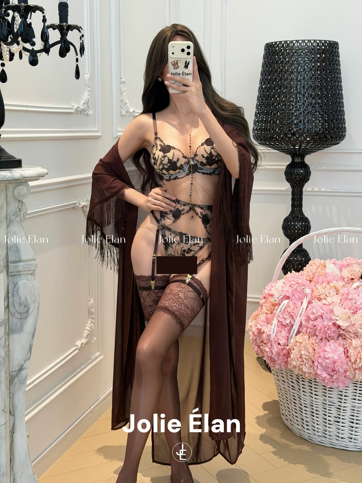 JolieElan · Love Black Qiao · Brown Rose French Sexy Embroidery Perspective Premium Underwear Set