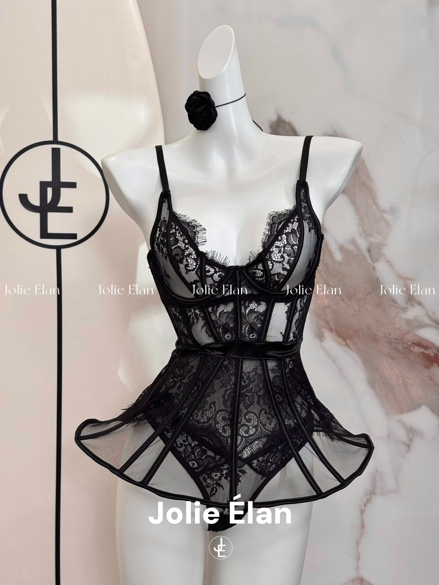 JolieElan · Black Swan · French Lace Mesh Perspective Ballet Girdle Fishbone Sexy Underwear Set