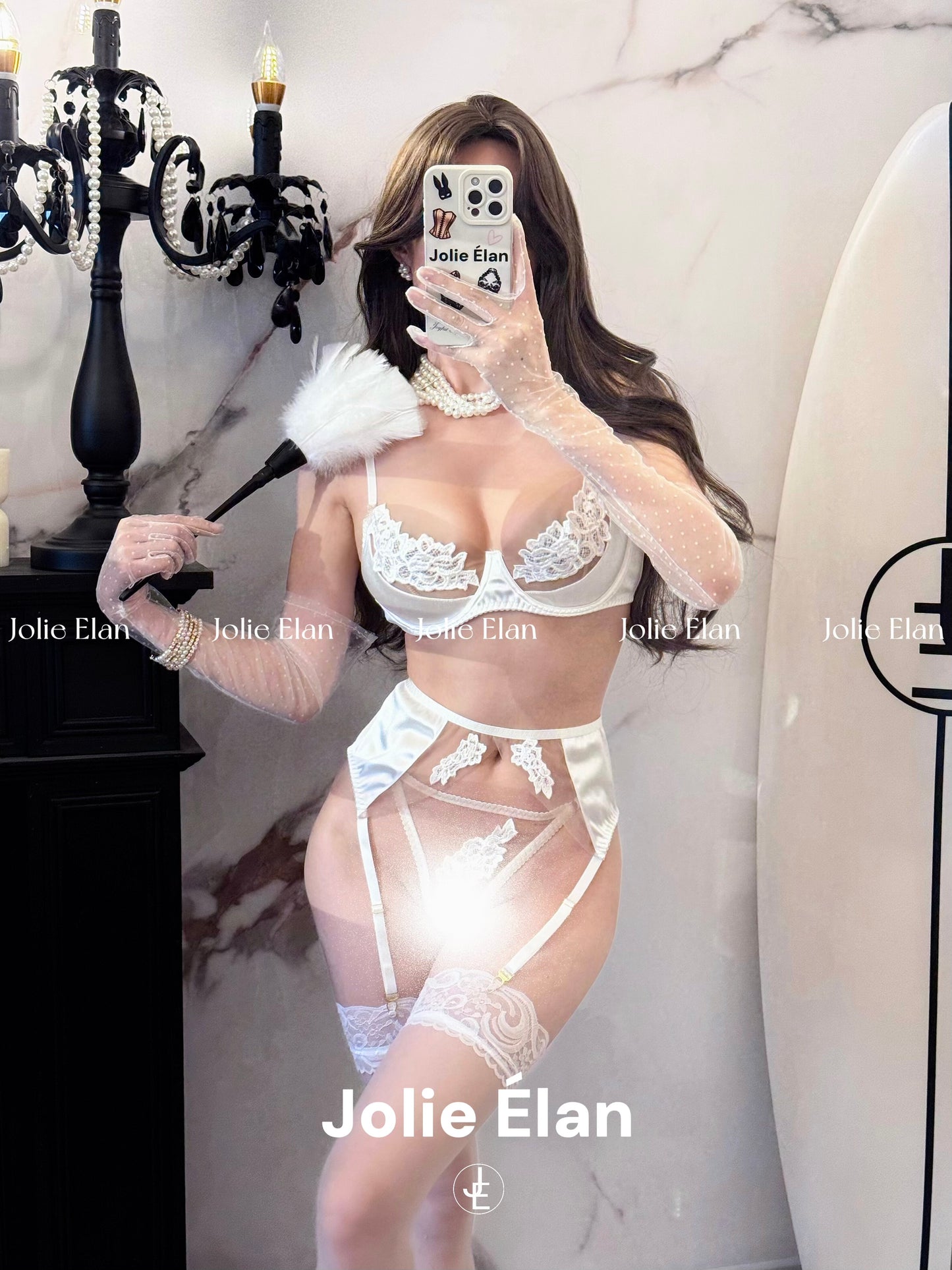 JolieElan Fendra French Lace Mesh Embroidery Sexy Perspective Gathering Underwear Set