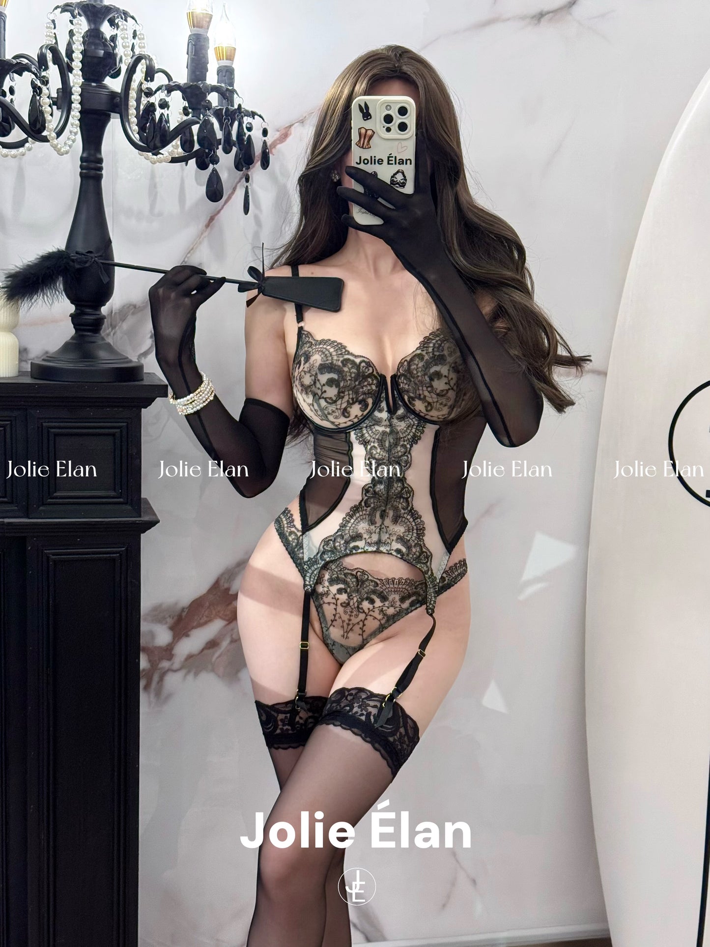 JolieElan · Dark Night Rose · French Lace Mesh Embroidery Sexy Perspective Gathering Underwear Set