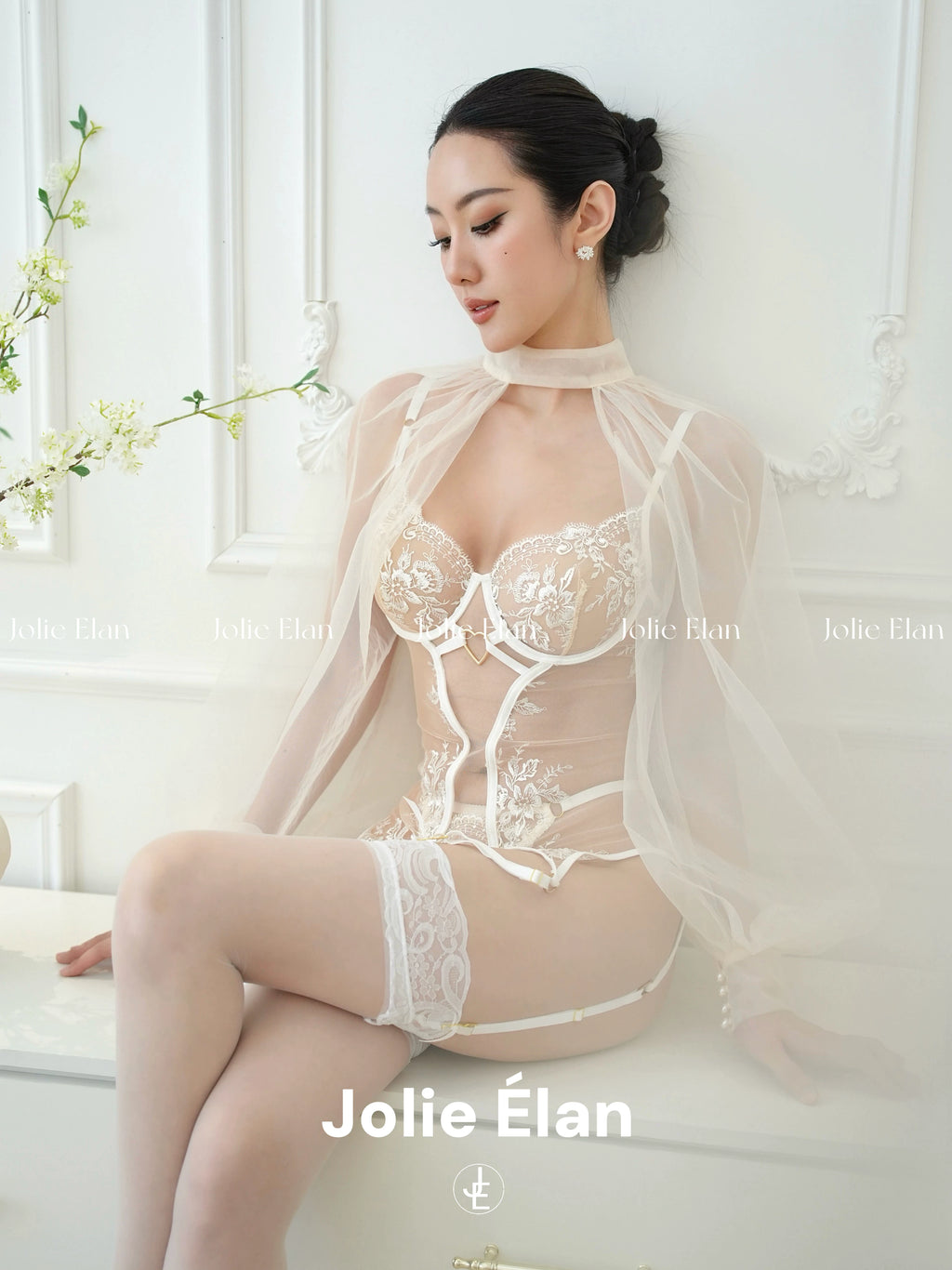 JolieElan · Moonlight Jasmine · French Sexy Flower Embroidery Mesh Perspective Shapewear Underwear Set