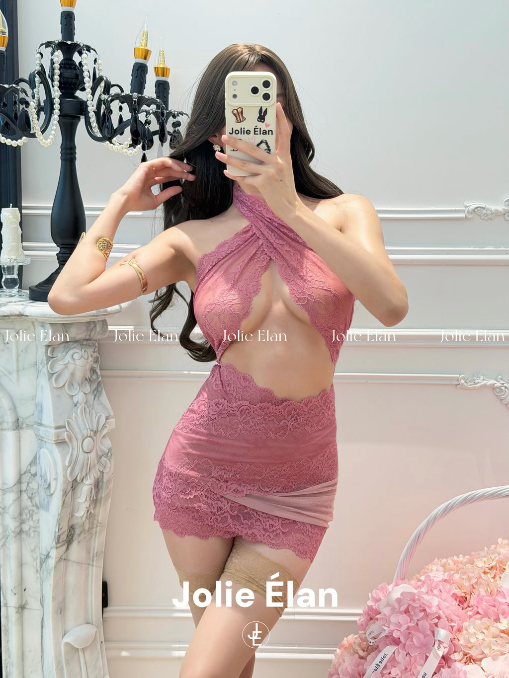 JolieElan Roselle Coral Pink Royal Sister Sexy Neck Cross Lace Perspective Premium Underwear Skirt