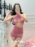JolieElan Roselle Coral Pink Royal Sister Sexy Neck Cross Lace Perspective Premium Underwear Skirt