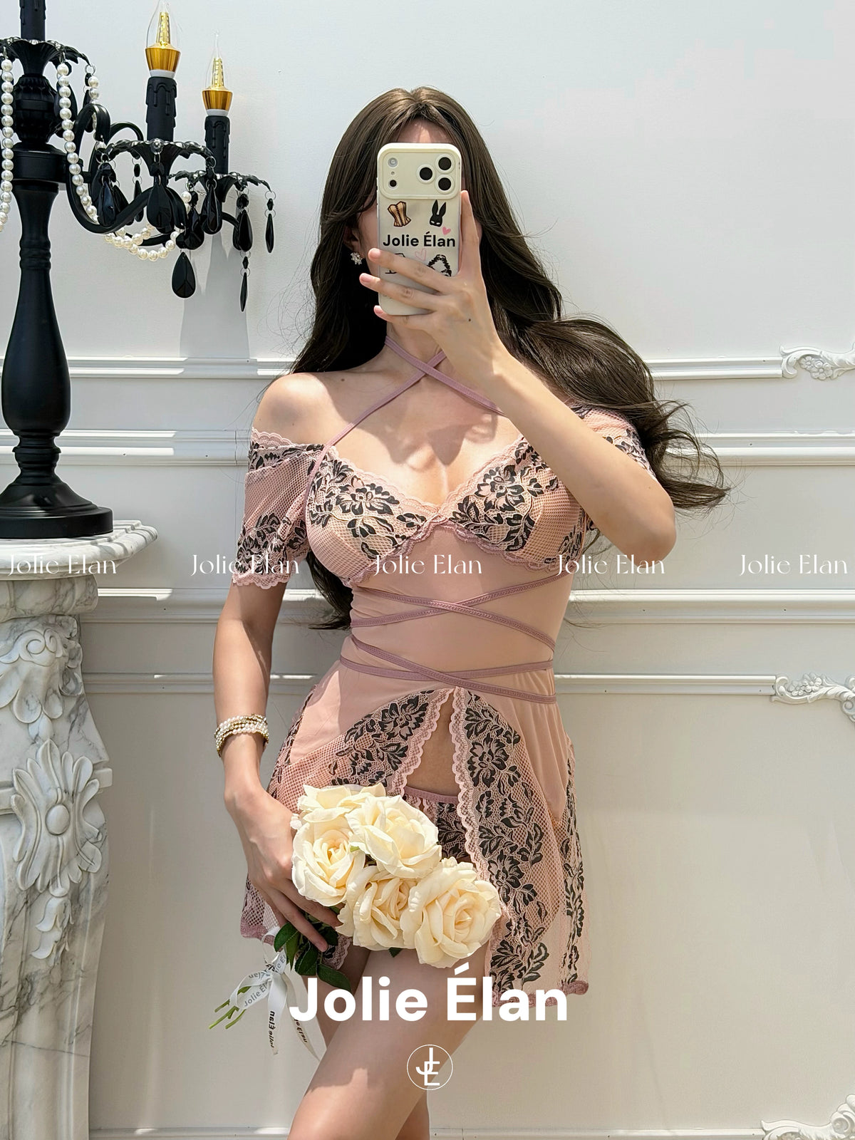JolieElan · Falling in Love · French Sexy Pure Lust Pink Lace Split Seduction Lingerie Set