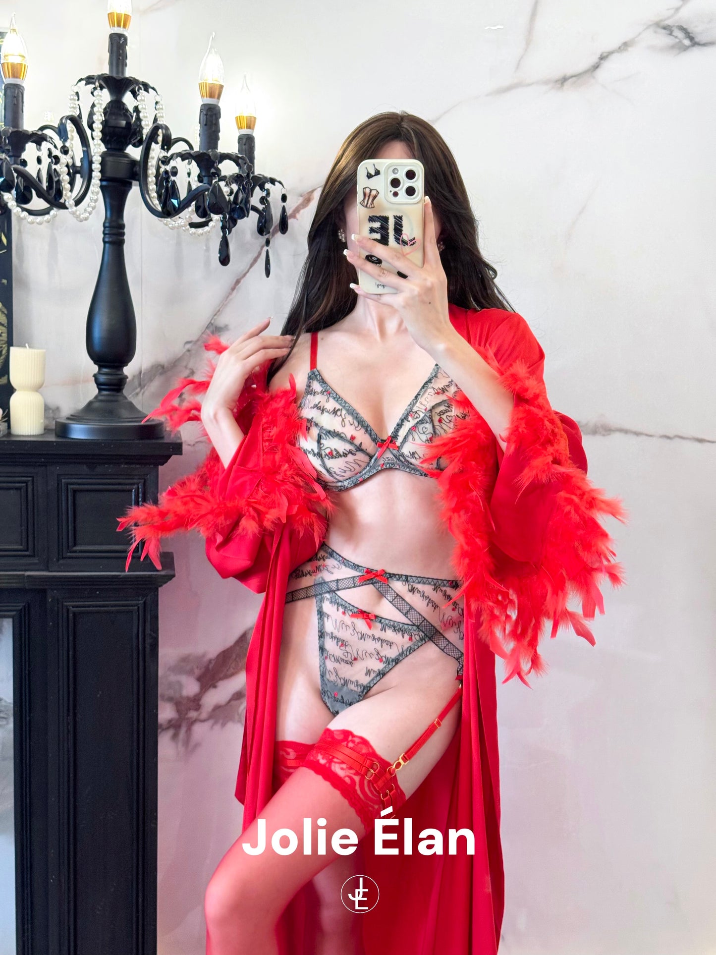JolieElan · Love Letter · Sexy Mesh Embroidery Lace Perspective Letter French Pure Desire Underwear Set