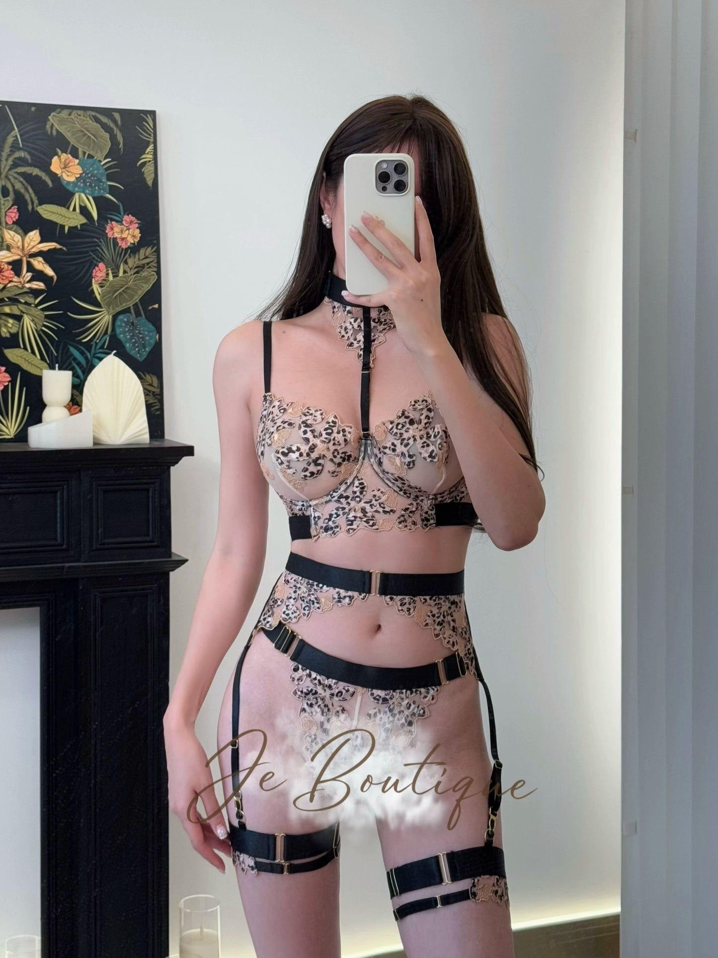 JolieElan · Greedy · ins Leopard print lace mesh plus size gather sexy perspective underwear set