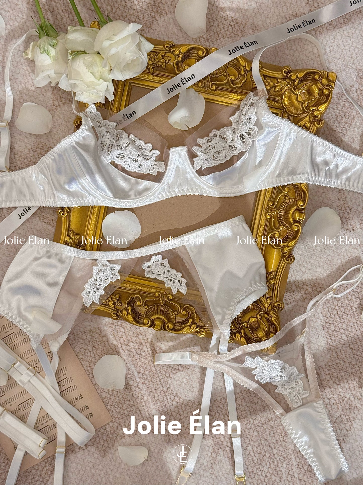 JolieElan Fendra French Lace Mesh Embroidery Sexy Perspective Gathering Underwear Set