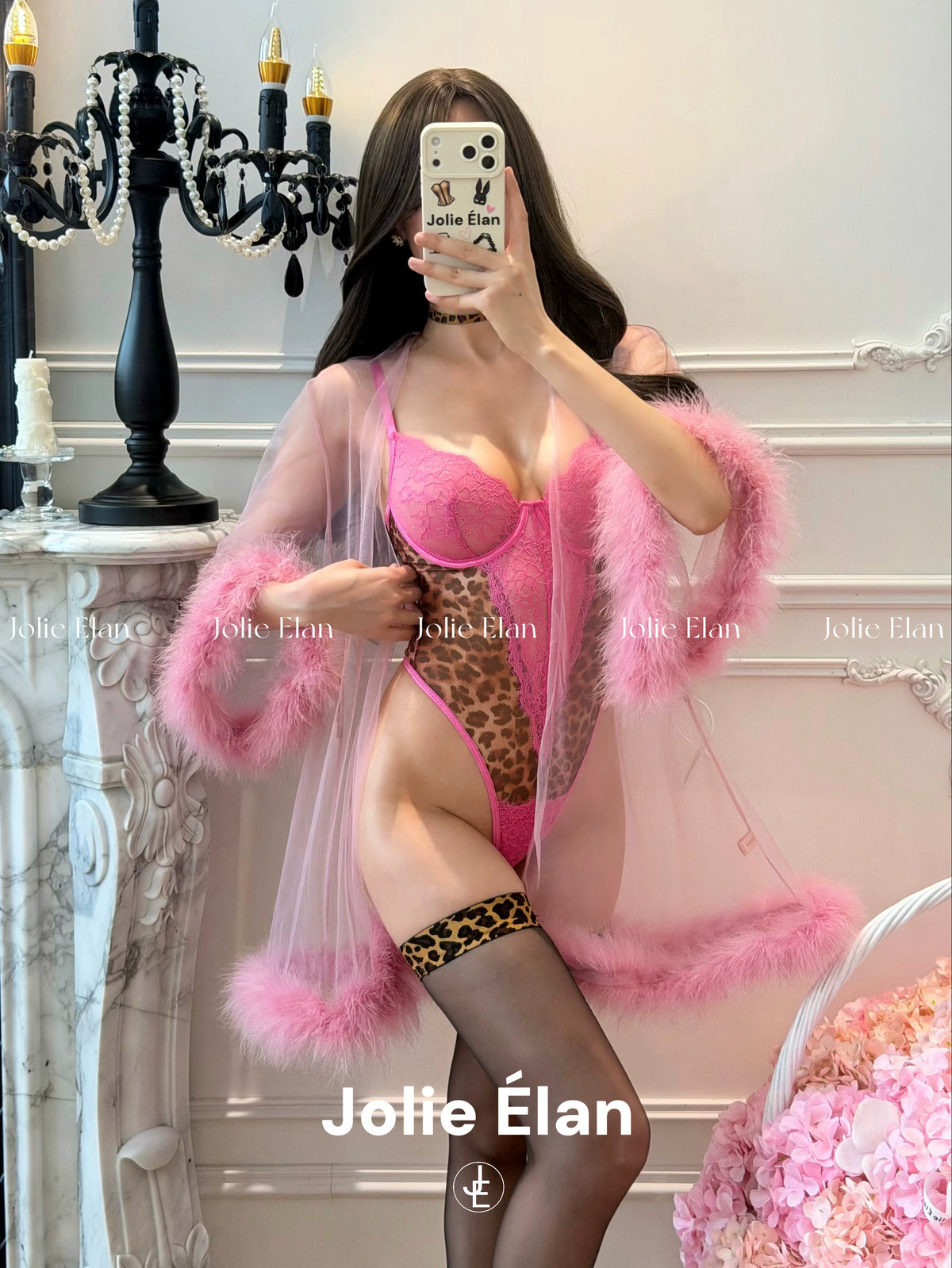 JolieElan · Peachy Gossip · Sexy Royal Sister Pink Leopard Print Lace Perspective Spice Girl onesie suit