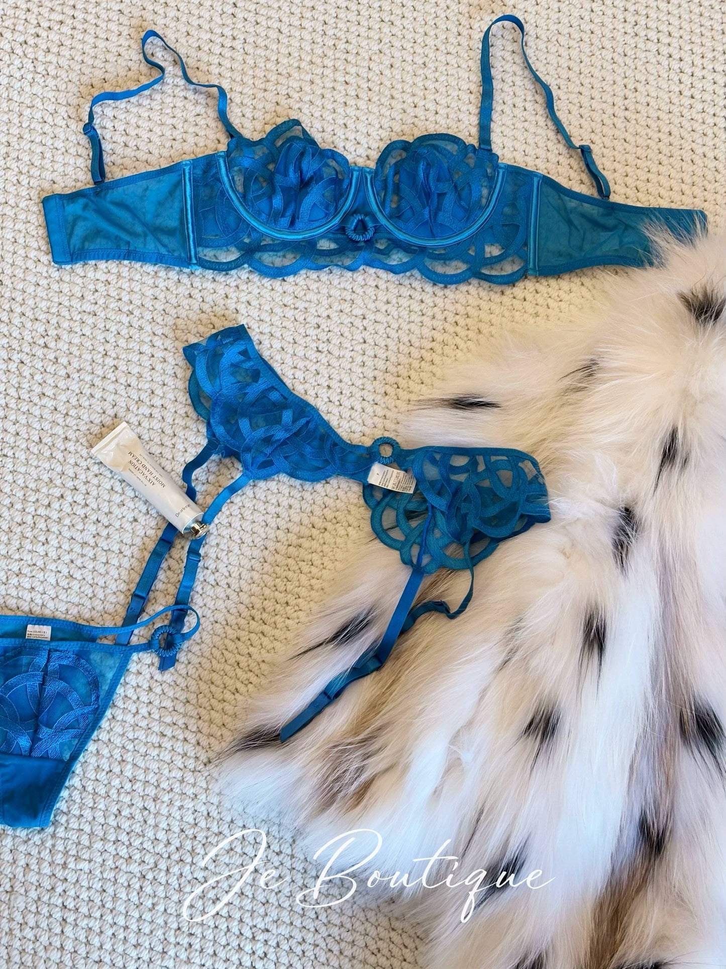 JolieElan · Lovers · French Romantic Lace Blue Fishbone Embroidery Gathering Sexy Lingerie Set