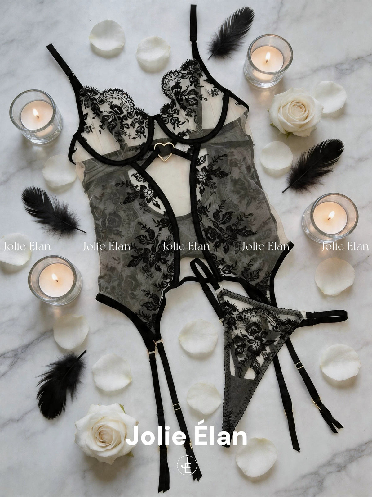 JolieElan · Moonlight Jasmine · French Sexy Flower Embroidery Mesh Perspective Shapewear Underwear Set