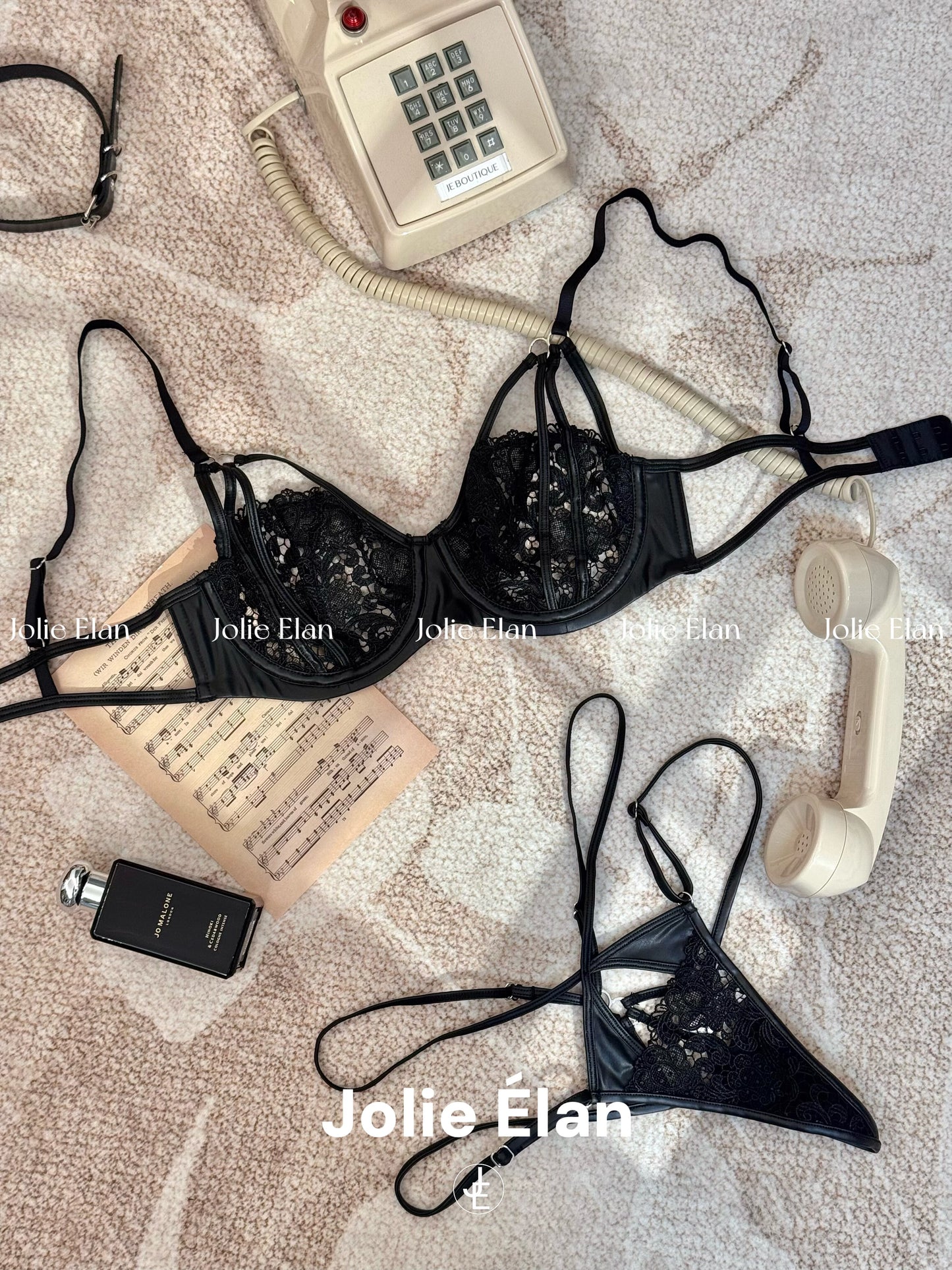 JolieElan · Sweet Spy · French Lace Sexy Fish Bones and Leather Gathering Waist Underwear Set
