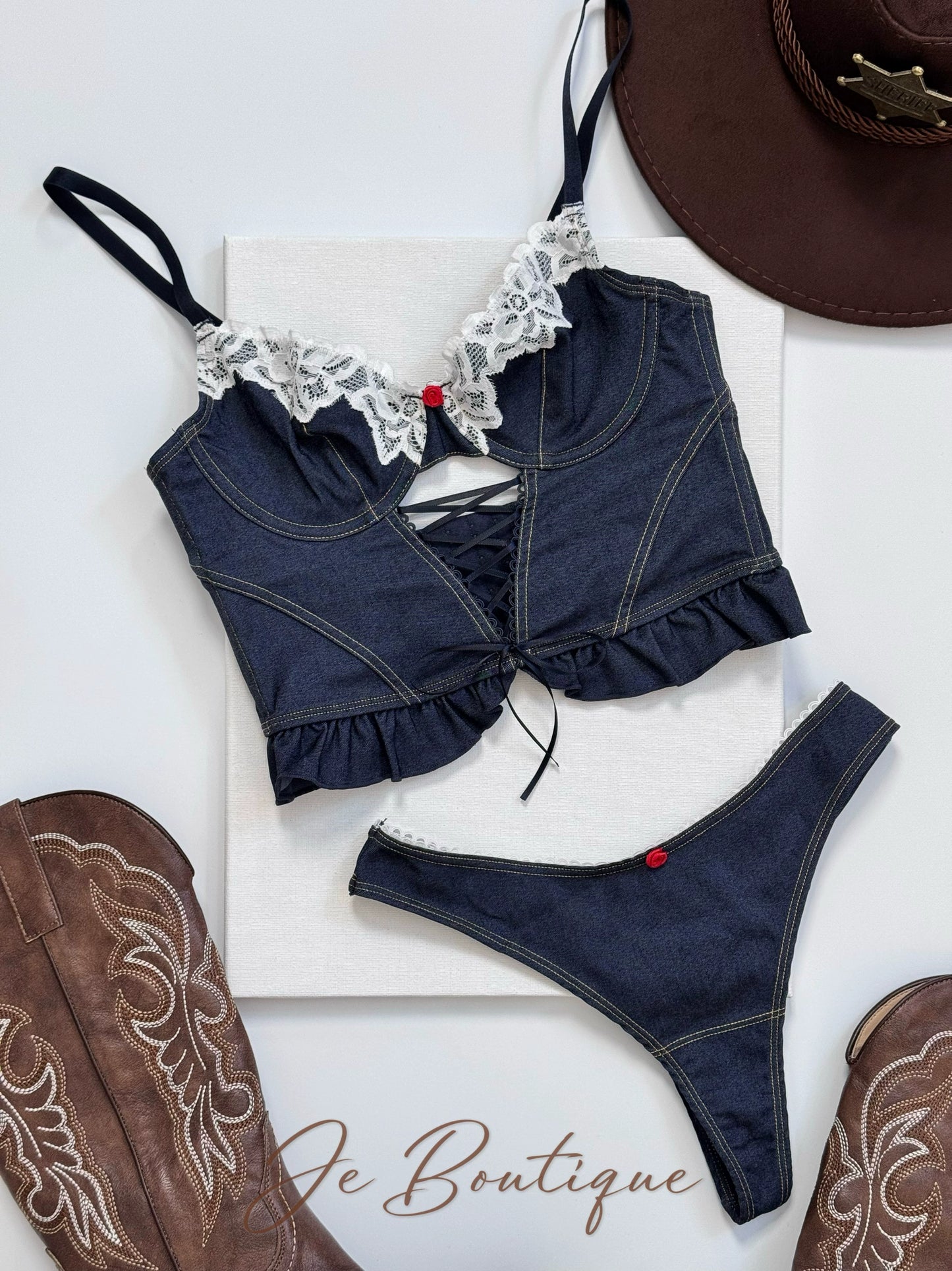 JolieElan · Denim is busy · Holiday pure desire French lace denim underwear set bra outside