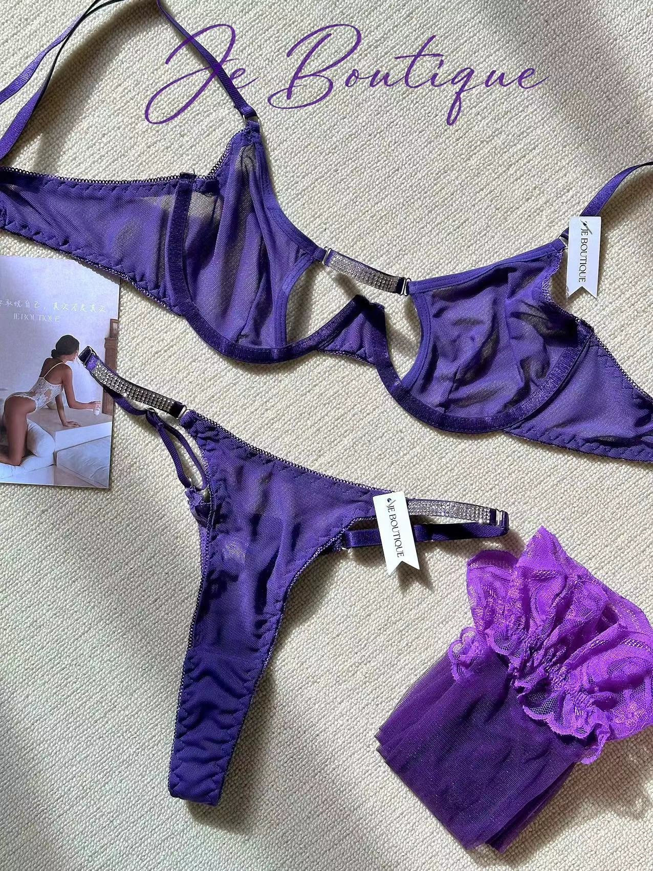 JolieElan · Purple Mist Charm · Premium French Diamond Sexy Mesh Underwear Set