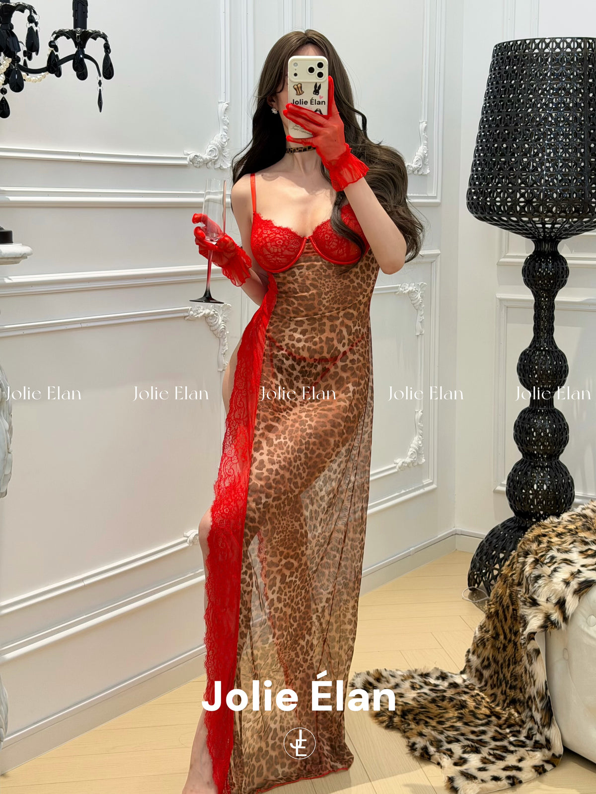 JolieElan · Cheetah Panther · Sexy Royal Sister Leopard Print Lace Perspective Slits Premium Underwear Set