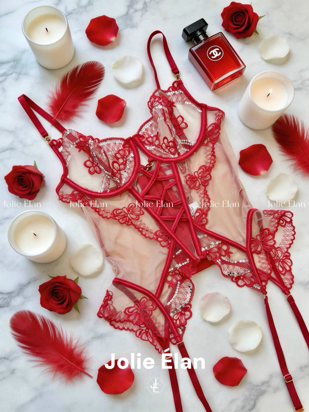 JolieElan · Sweetness · HB Sexy Embroidery Beads Perspective Light Luxury Premium One-piece Underwear Set
