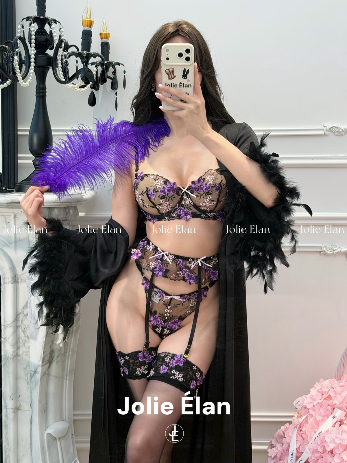 JolieElan Versailles Rose Sexy Royal Sister Purple Lace Embroidery Perspective Gathering Underwear Set