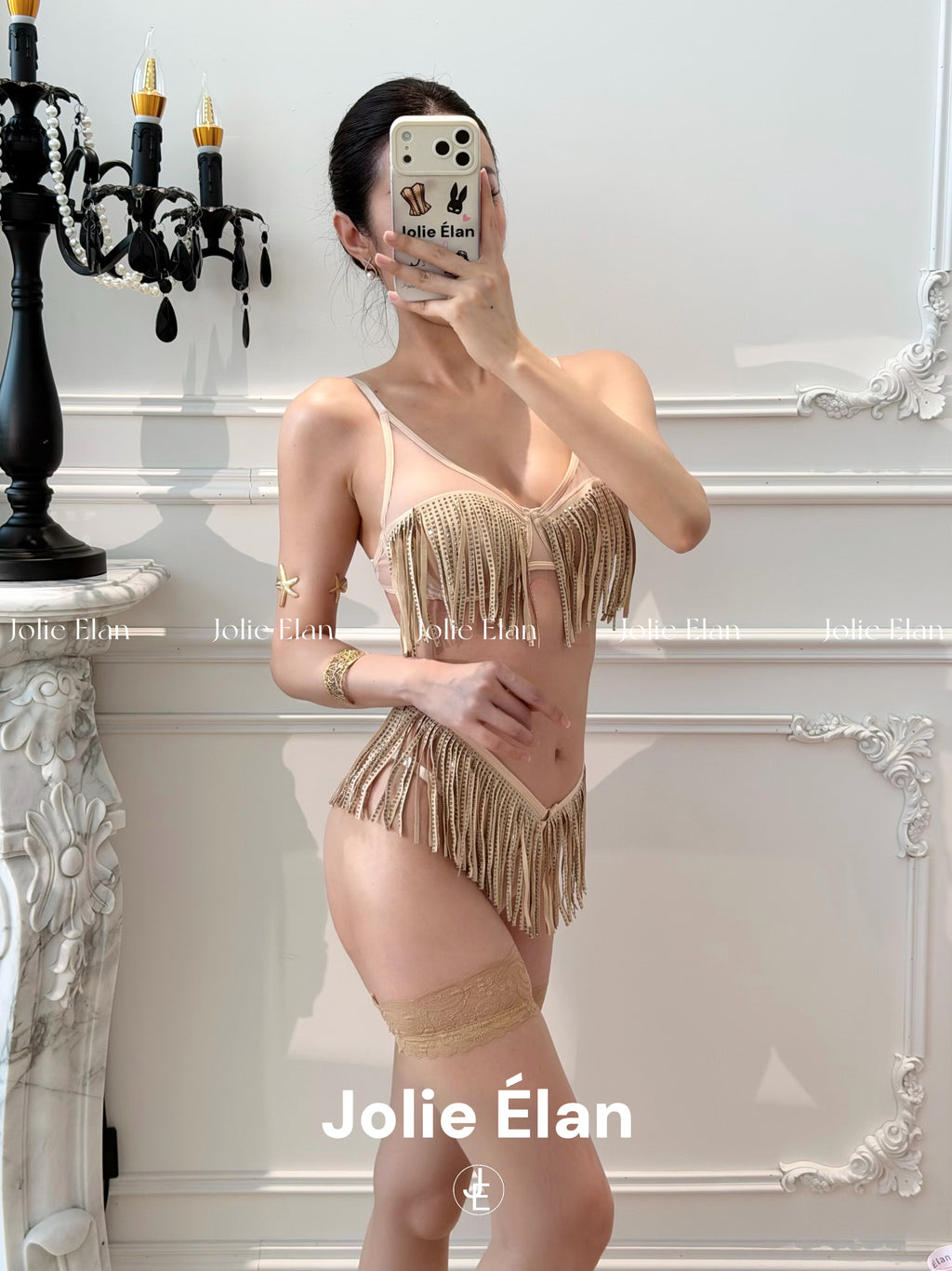 JolieElan · Starfall Quicksand · French Royal Sister Sexy Sequins Tassel Mesh Perspective Underwear Set
