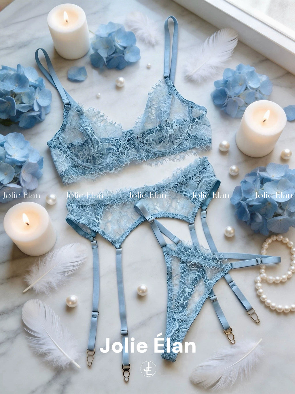 JolieElan · Love Zong heroine · baby blue French atmosphere sexy lace perspective high-end underwear set