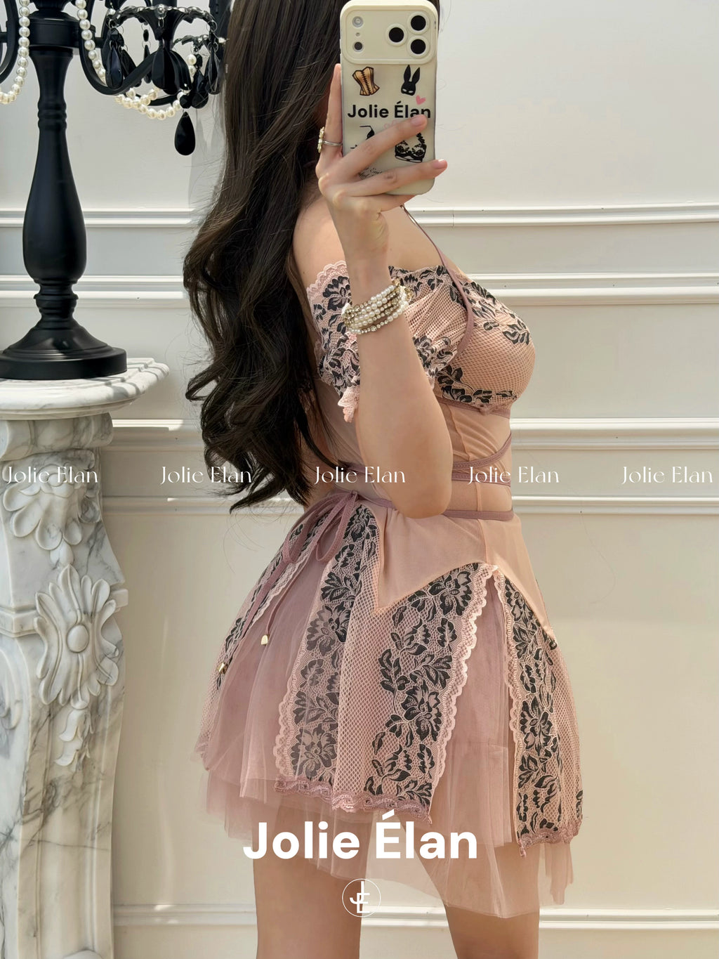 JolieElan · Falling in Love · French Sexy Pure Lust Pink Lace Split Seduction Lingerie Set