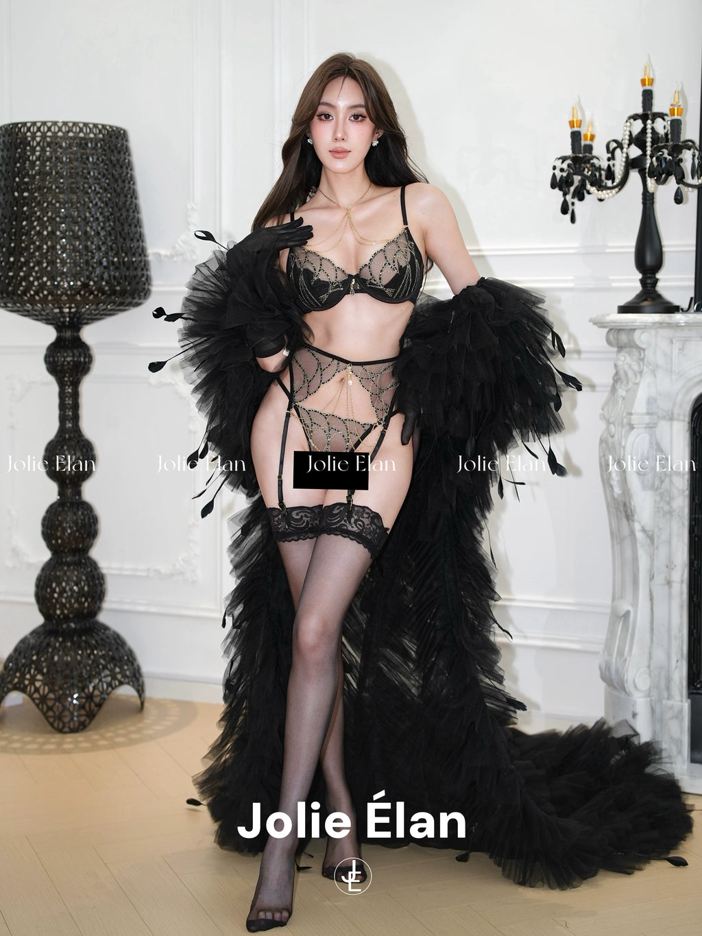 JolieElan · Paper drunk gold fan · French sexy luxury gem chain embroidered perspective underwear set
