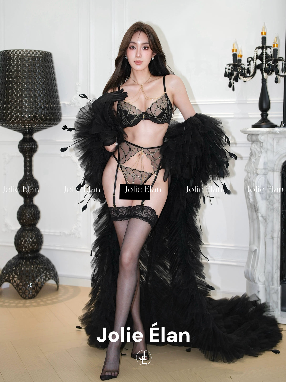 JolieElan · Paper drunk gold fan · French sexy luxury gem chain embroidered perspective underwear set