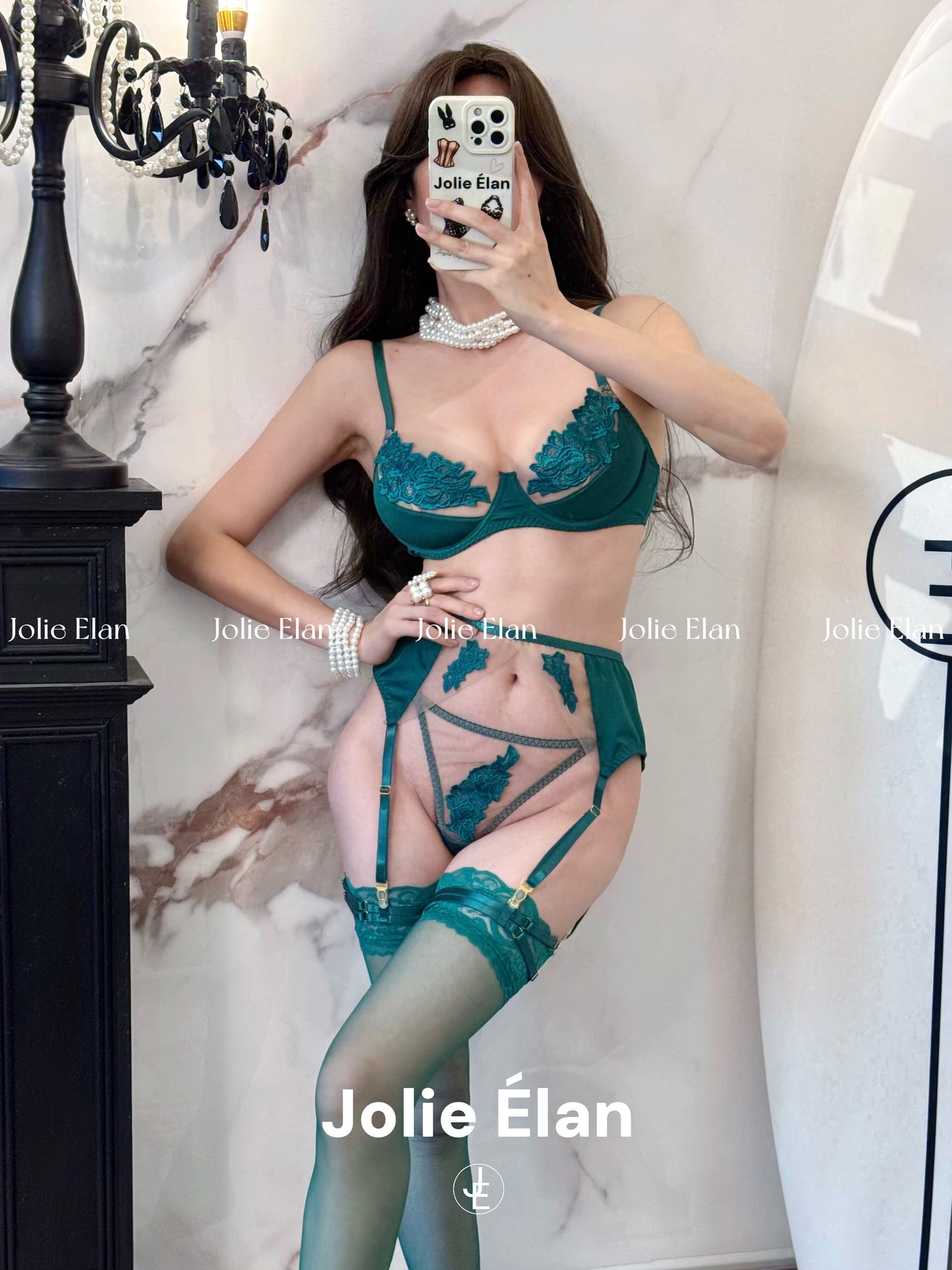 JolieElan · Eden Paradise · French Lace Mesh Embroidery Sexy Perspective Gathering Underwear Set