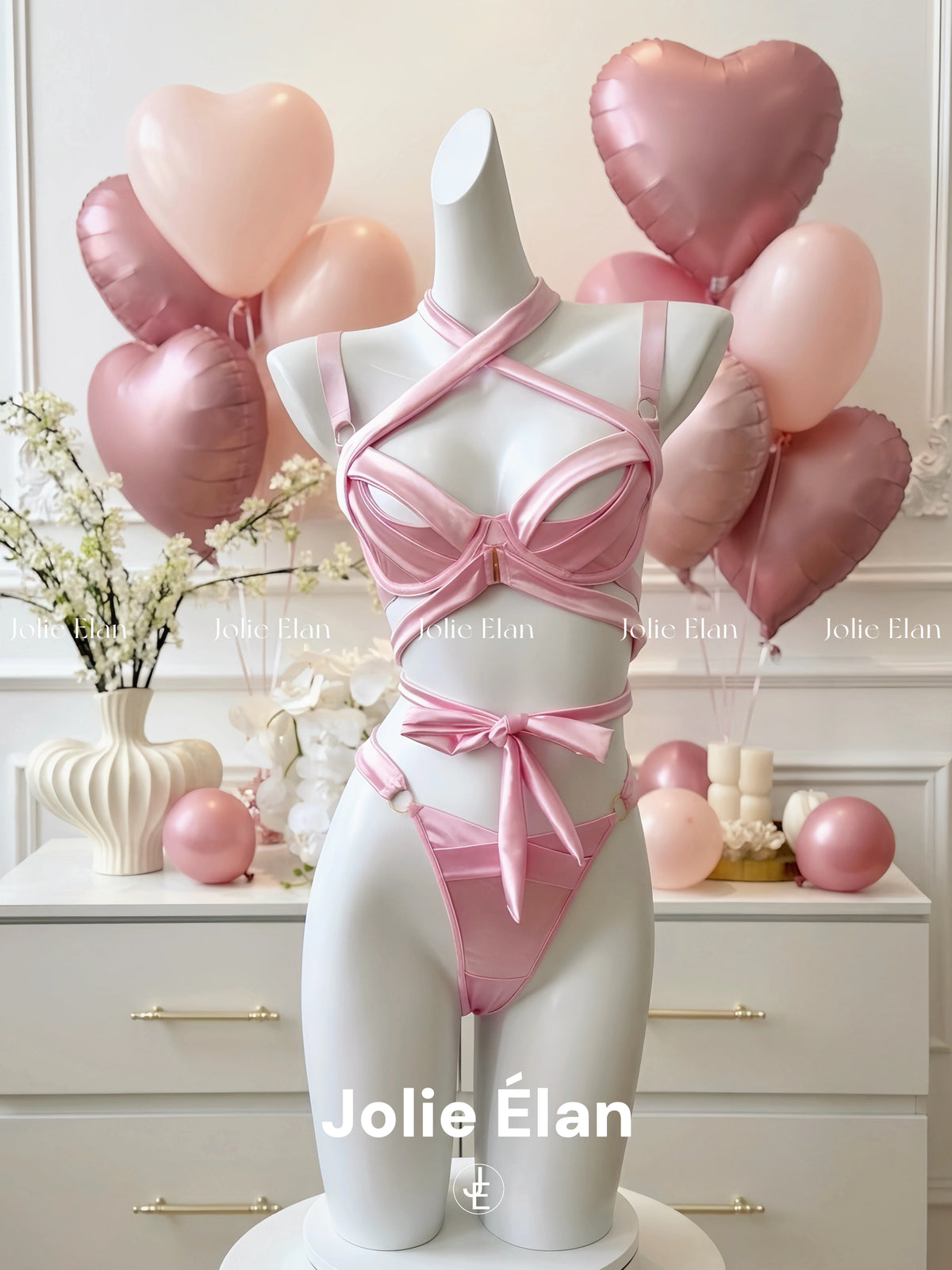 JolieElan · High Sweet Warning · French Sexy Pink Hollow Strap Couple Premium Underwear Set