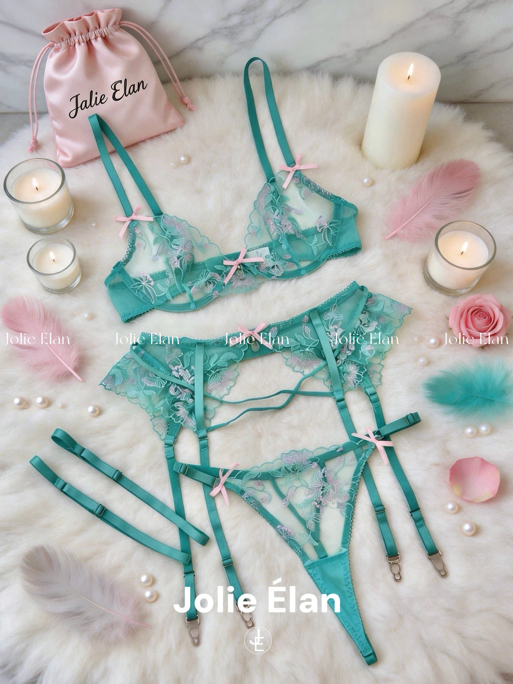 JolieElan Tiffany Breakfast Mint Green French Sexy Mesh Perspective Premium Underwear Set