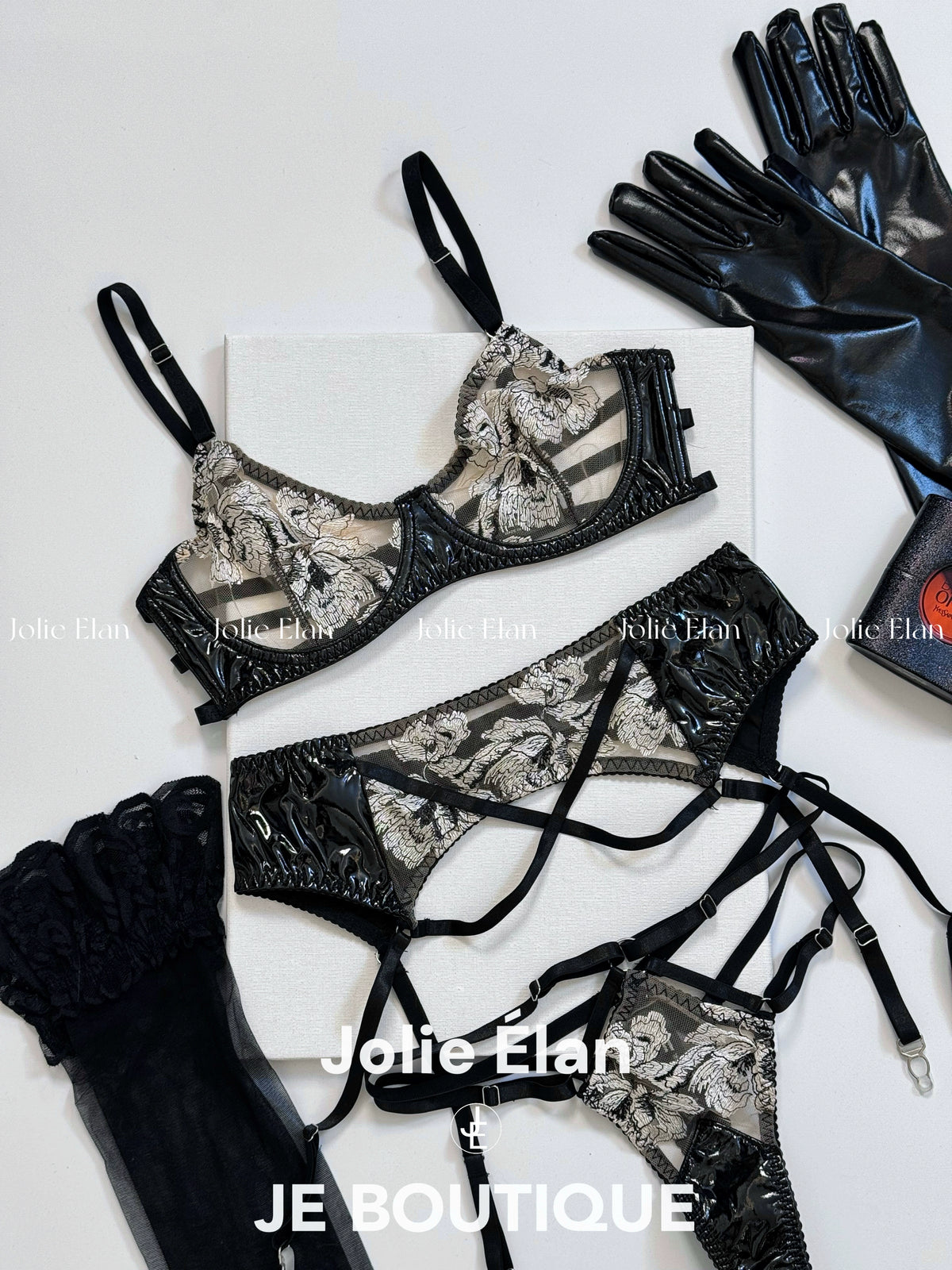 JolieElan Heart Hunter Sexy Mesh Embroidered Lace Leather Perspective Seduction Underwear Set