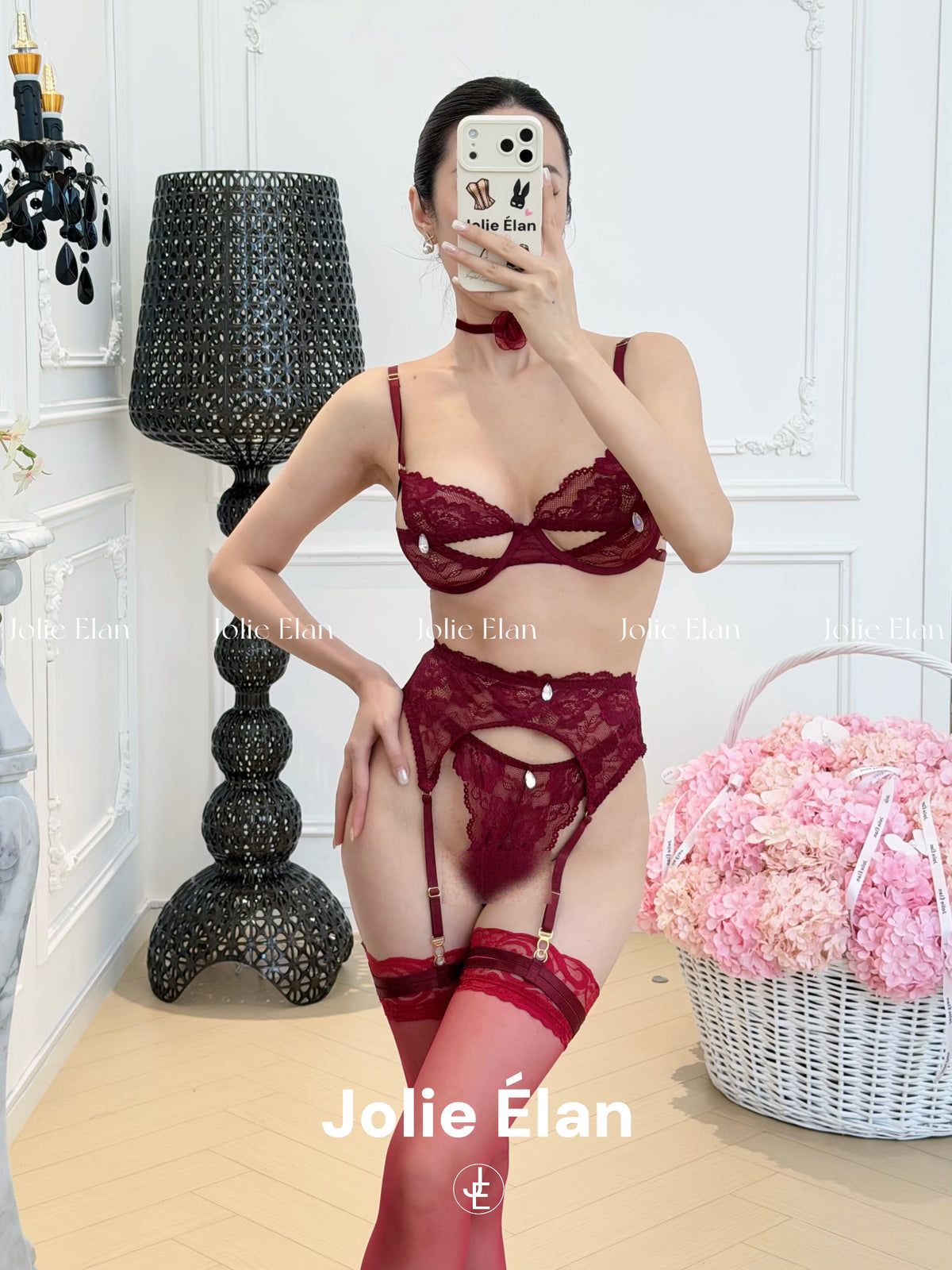 JolieElan · Cherry sweet wine · Royal sister atmosphere lace diamond decoration shows Baijiu red high-end underwear set