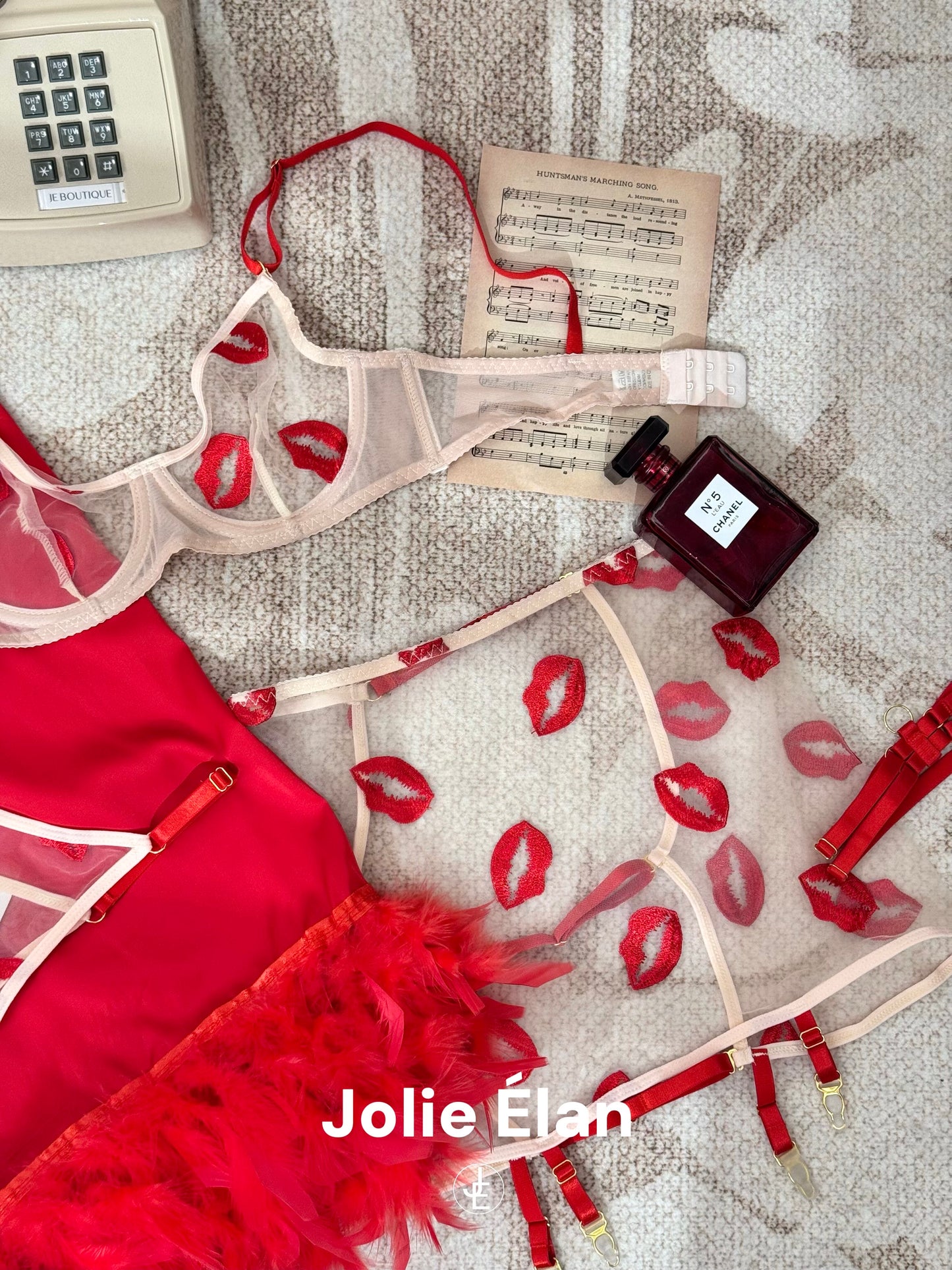 JolieElan · Heart Hunter · Red Lip Mesh Embroidery Perspective Sexy French Seduction Underwear Set