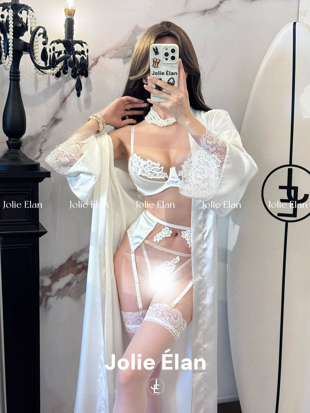JolieElan Fendra French Lace Mesh Embroidery Sexy Perspective Gathering Underwear Set