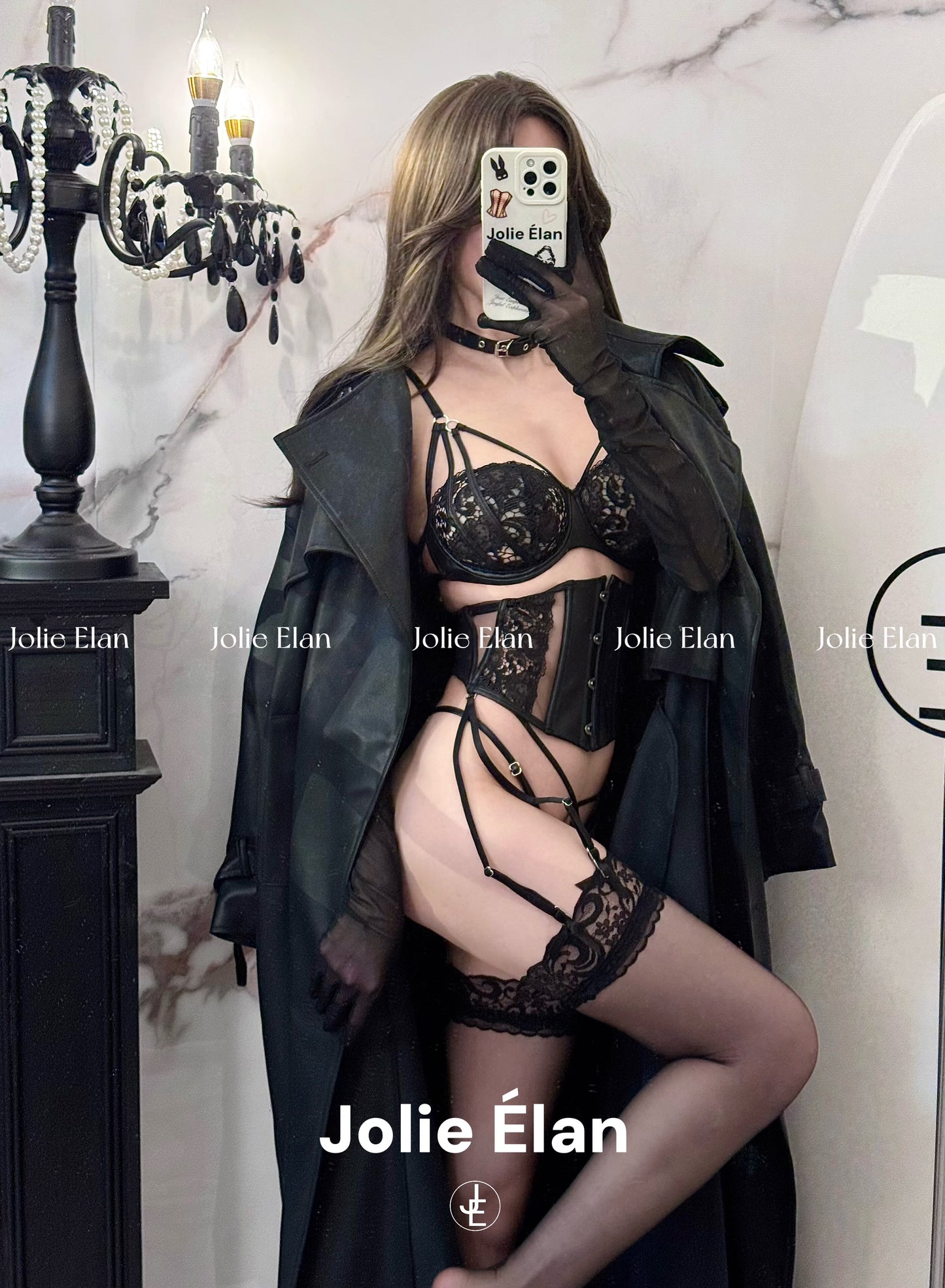 JolieElan · Sweet Spy · French Lace Sexy Fish Bones and Leather Gathering Waist Underwear Set