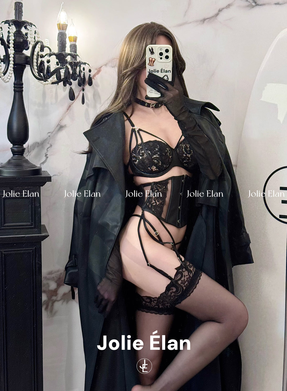 JolieElan · Sweet Spy · French Lace Sexy Fish Bones and Leather Gathering Waist Underwear Set