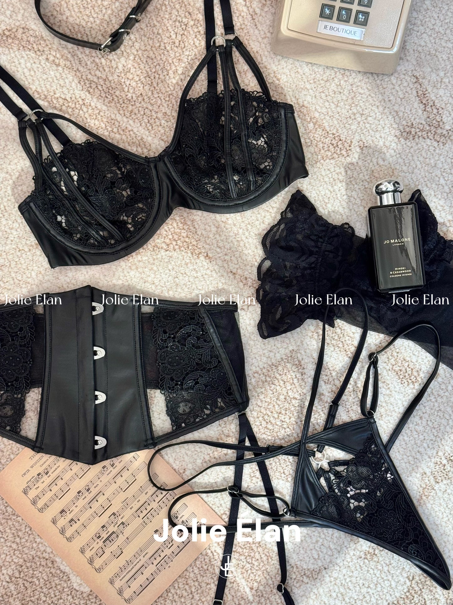 JolieElan · Sweet Spy · French Lace Sexy Fish Bones and Leather Gathering Waist Underwear Set