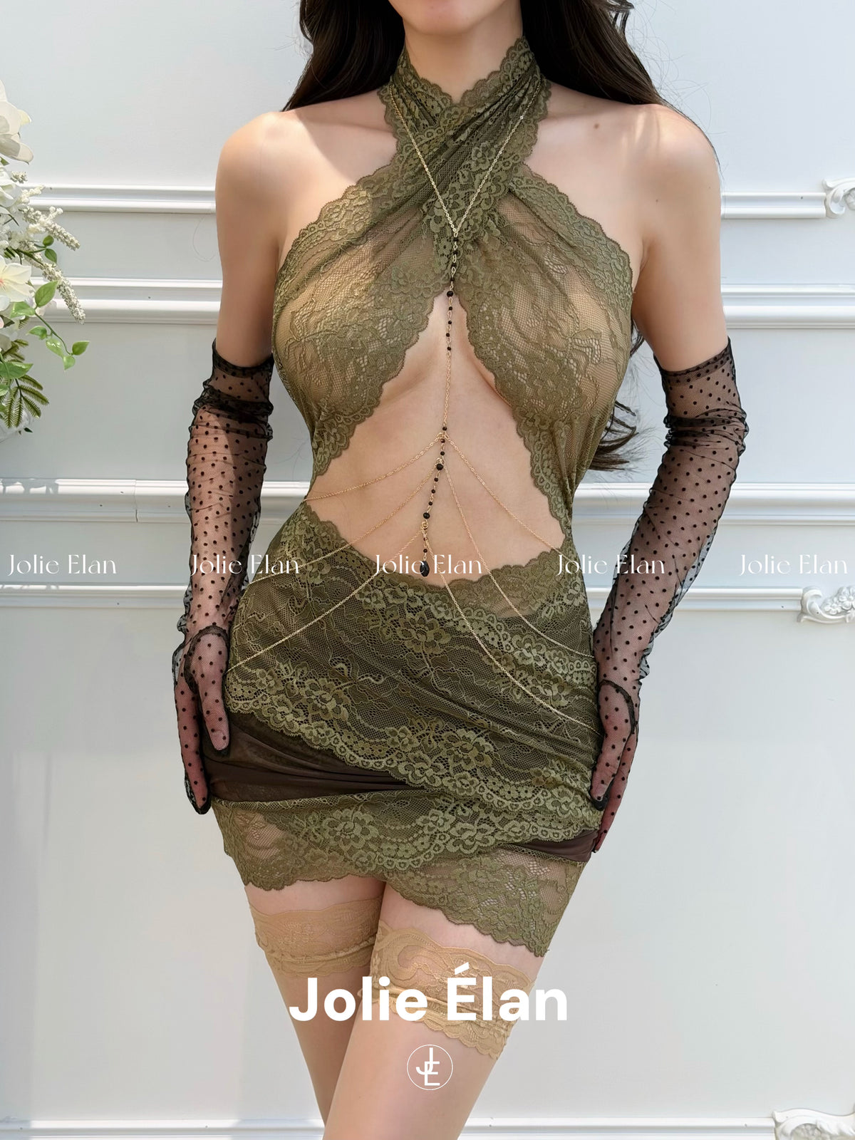 JolieElan · Desire Code · Royal Sister Sexy Neck Cross Lace Perspective Hollow High-end Underwear Skirt