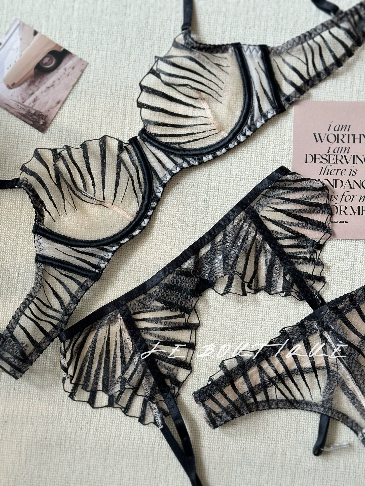 JolieElan · Dark Night Love · Premium French Embroidered Lace Mesh Sexy Underwear Set