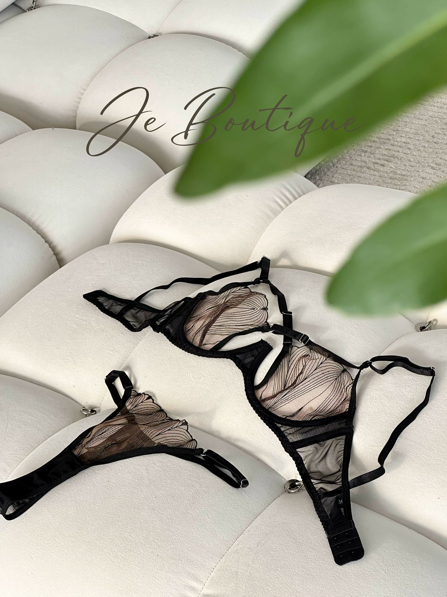 JolieElan · Rum Effect · French Lace Ultra Thin Sexy Cross Hollow Pure Desire Underwear Set