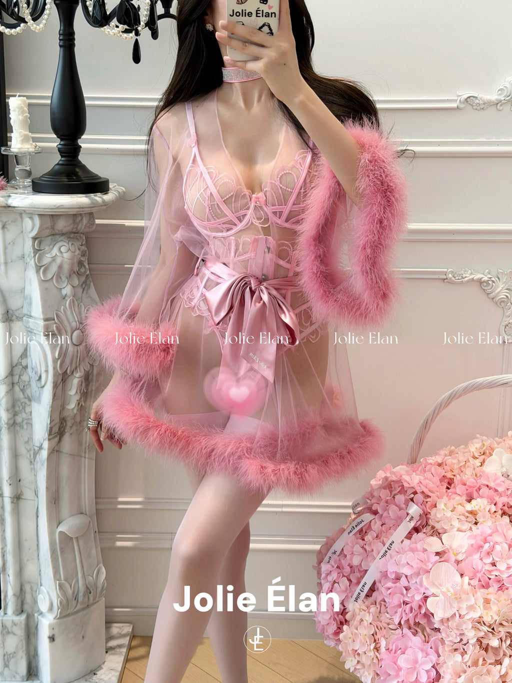 JolieElan · Sugar Heart Storm · French Sexy Pink Mesh Perspective Waist Premium Underwear Set