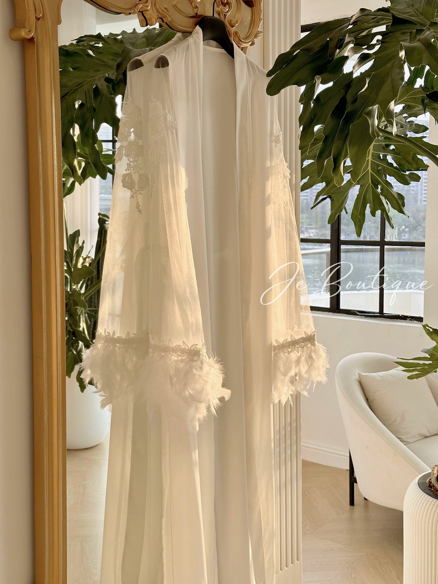 JolieElan · Moonlight Muse · French Celebrity Lace Embroidered Feather Long Gown Loungewear