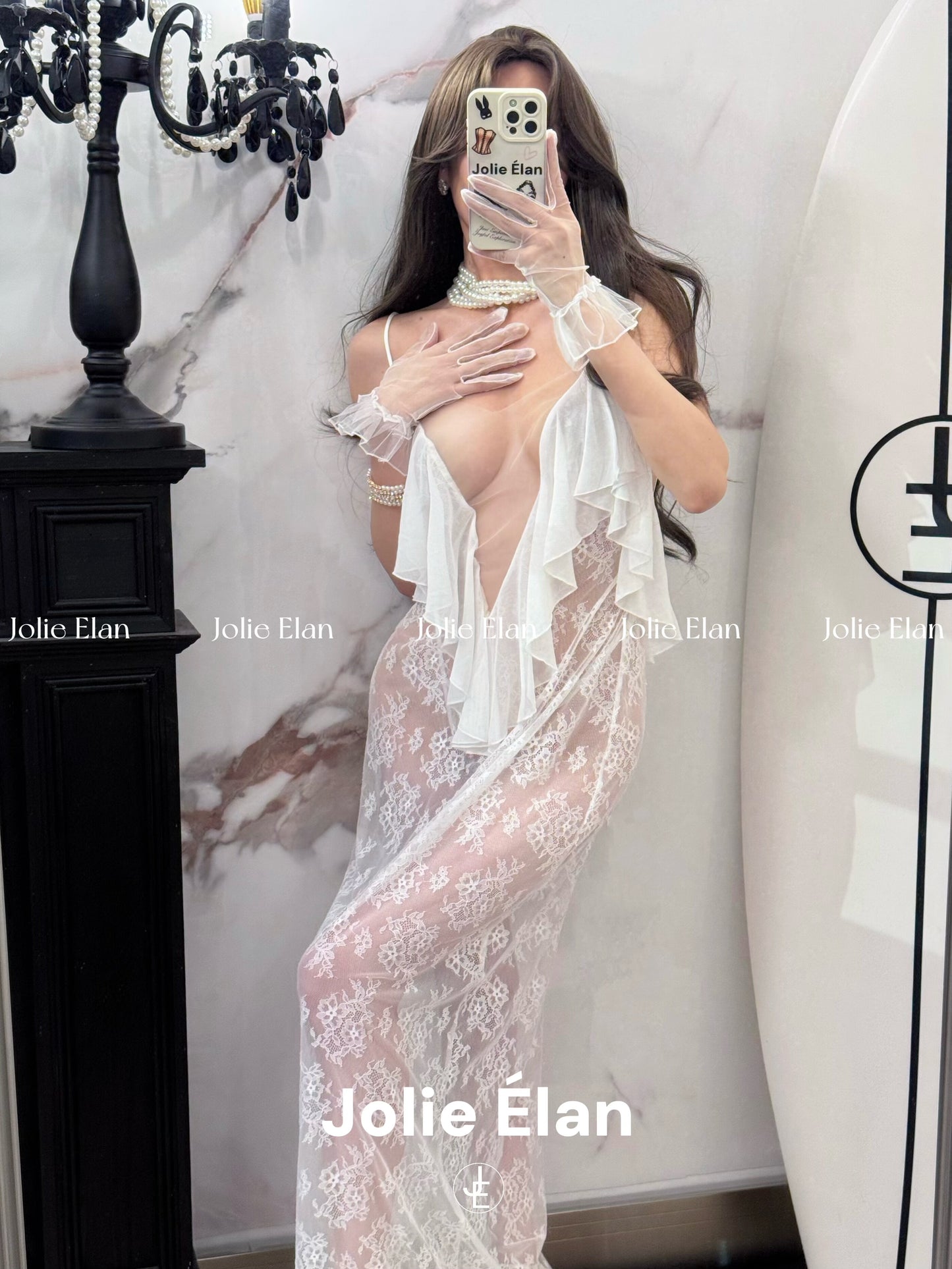 JolieElan · Lost in the world · Sexy deep V mesh stitching lace perspective lazy French underwear set