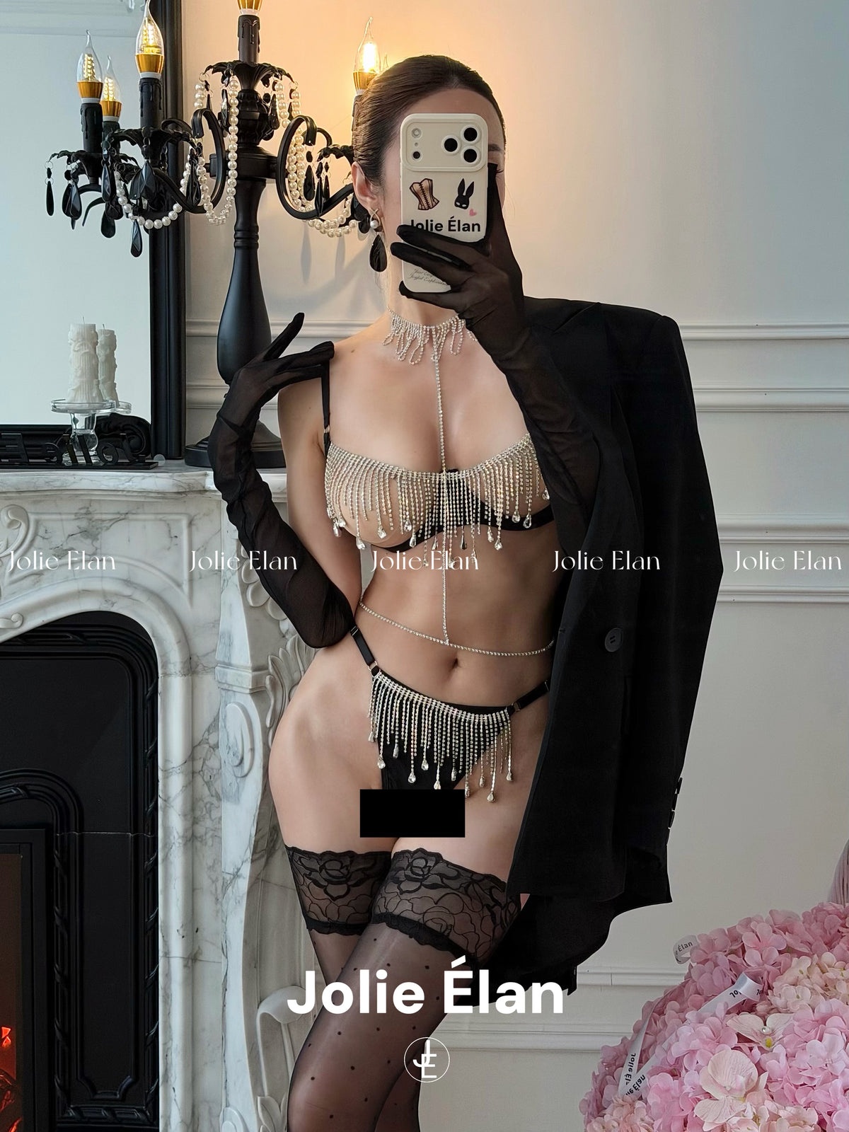 JolieElan · Peerless Beauty · Sexy Tassel Rhinestone Chain Hollow Gathering Explosive QQ Underwear Set
