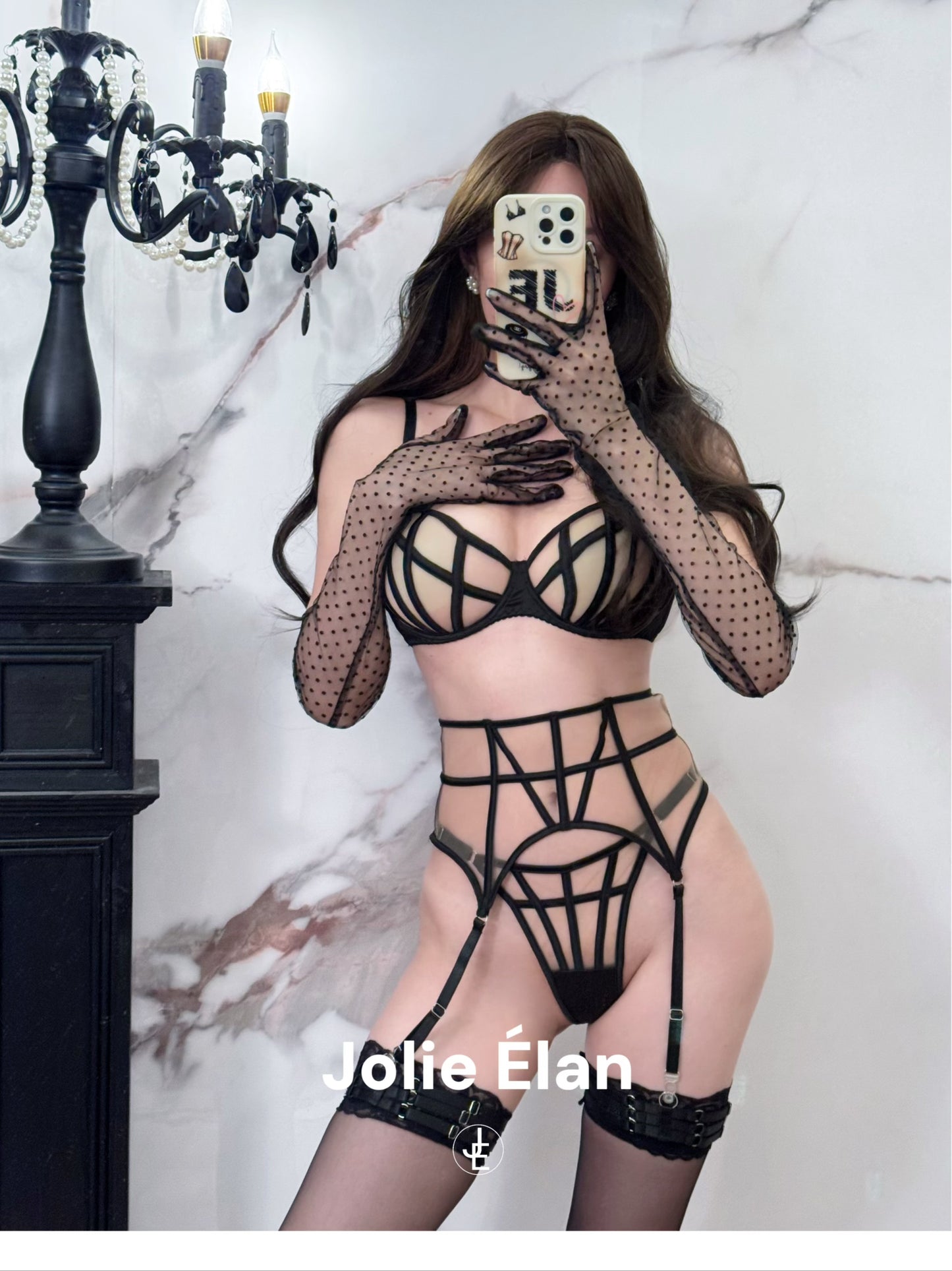 JolieElan · Cold City · Sexy Fishbone Mesh Perspective Premium French Underwear Set