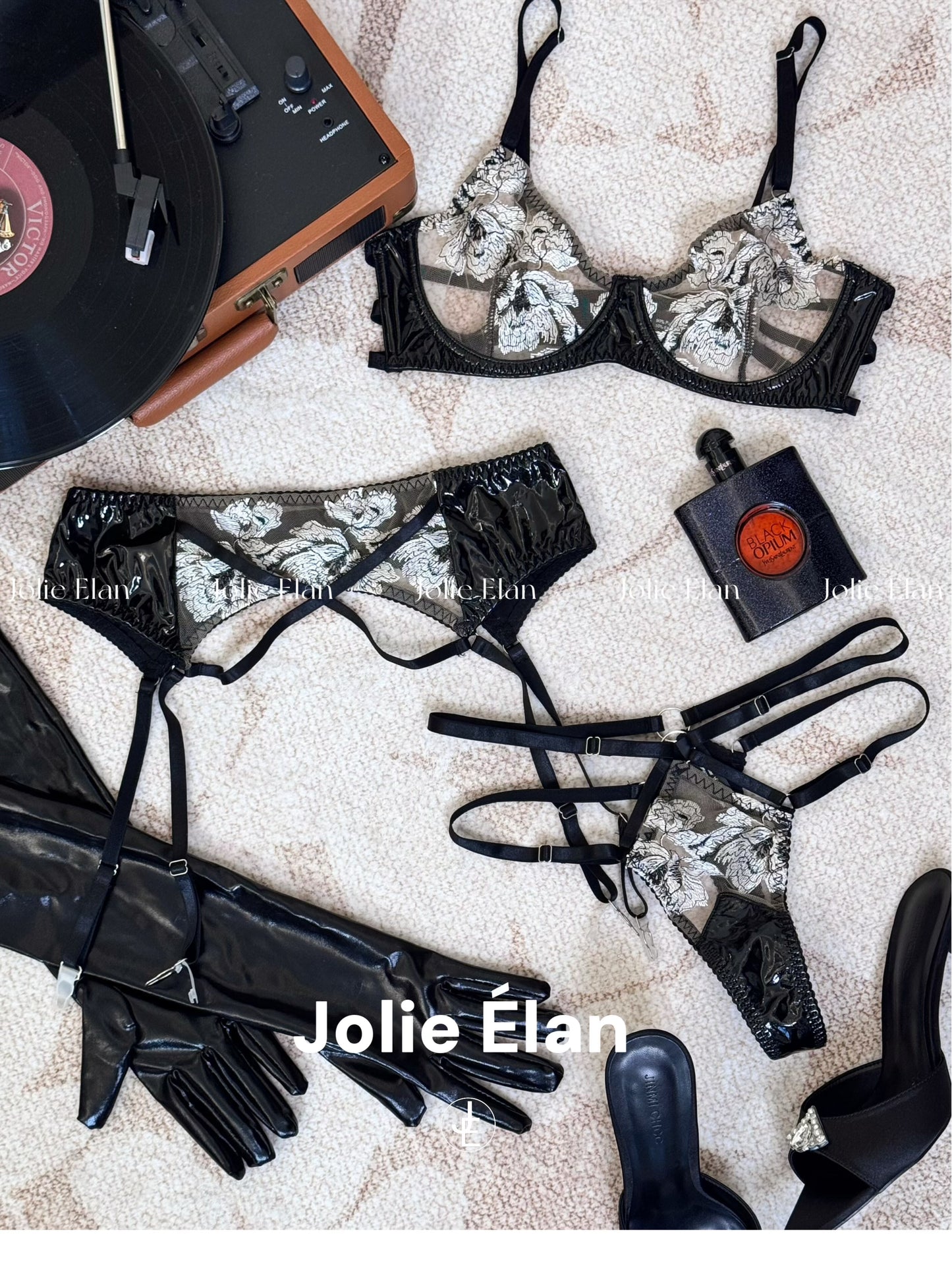 JolieElan Heart Hunter Sexy Mesh Embroidered Lace Leather Perspective Seduction Underwear Set