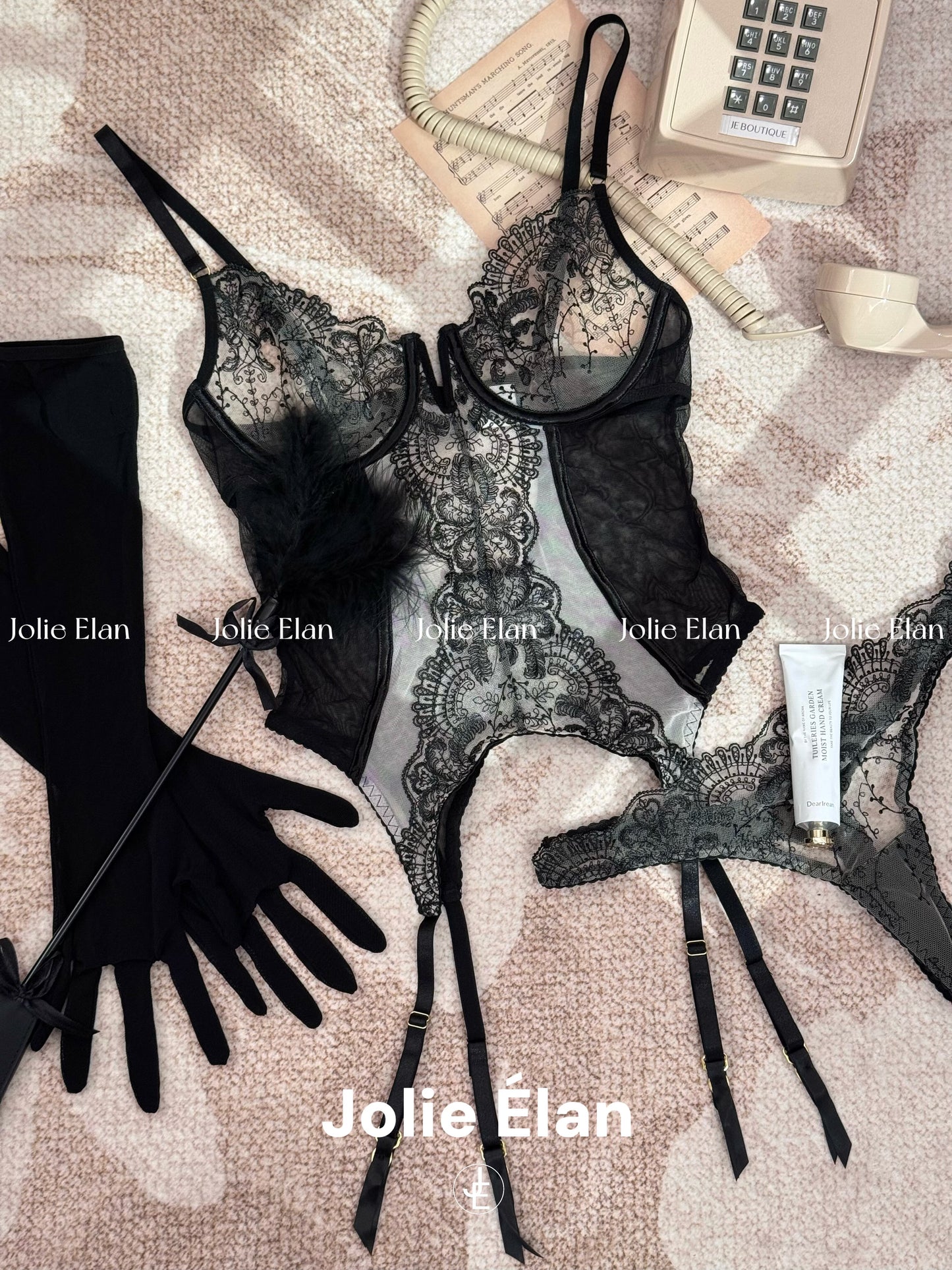 JolieElan · Dark Night Rose · French Lace Mesh Embroidery Sexy Perspective Gathering Underwear Set