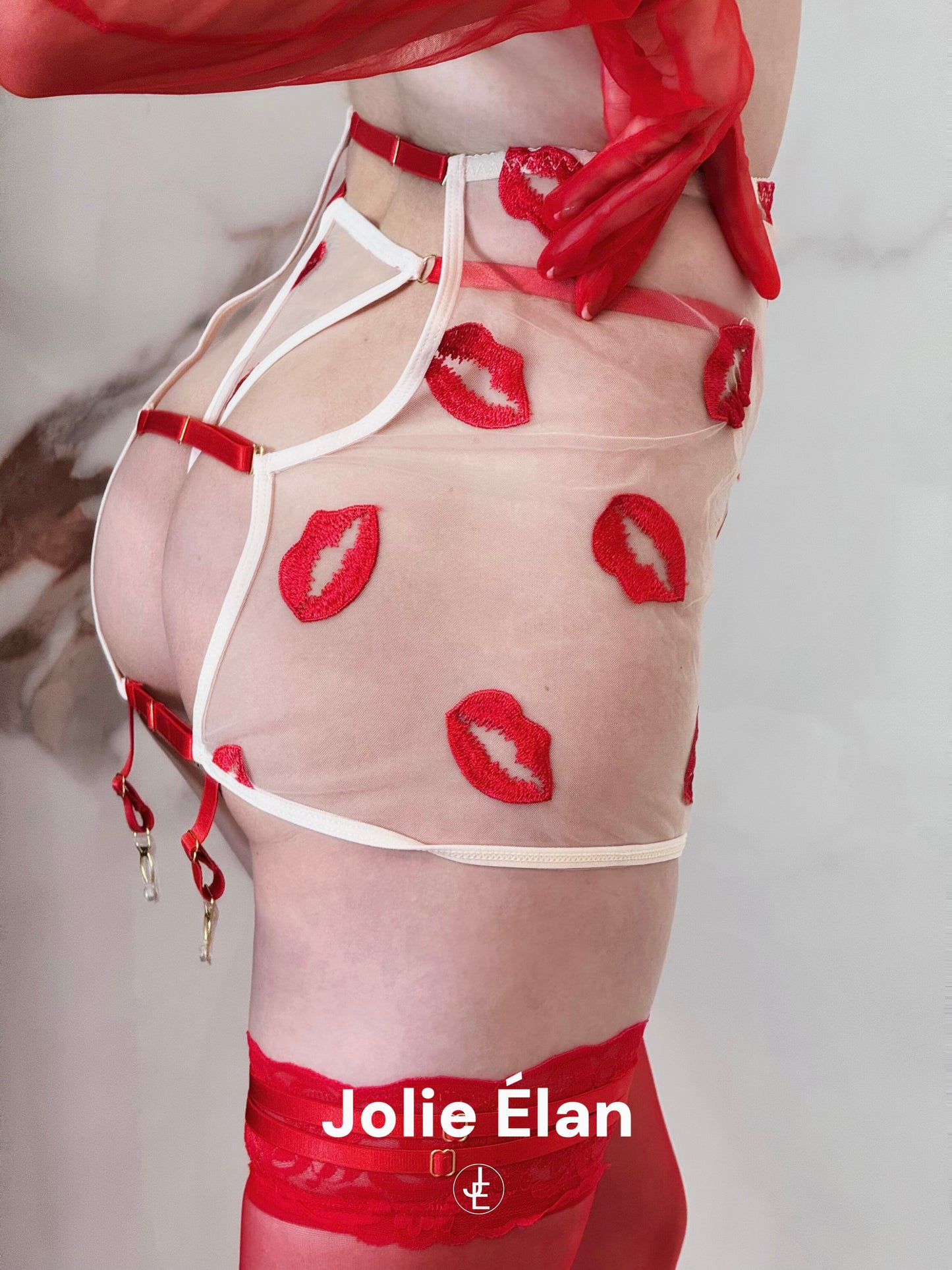 JolieElan · Heart Hunter · Red Lip Mesh Embroidery Perspective Sexy French Seduction Underwear Set